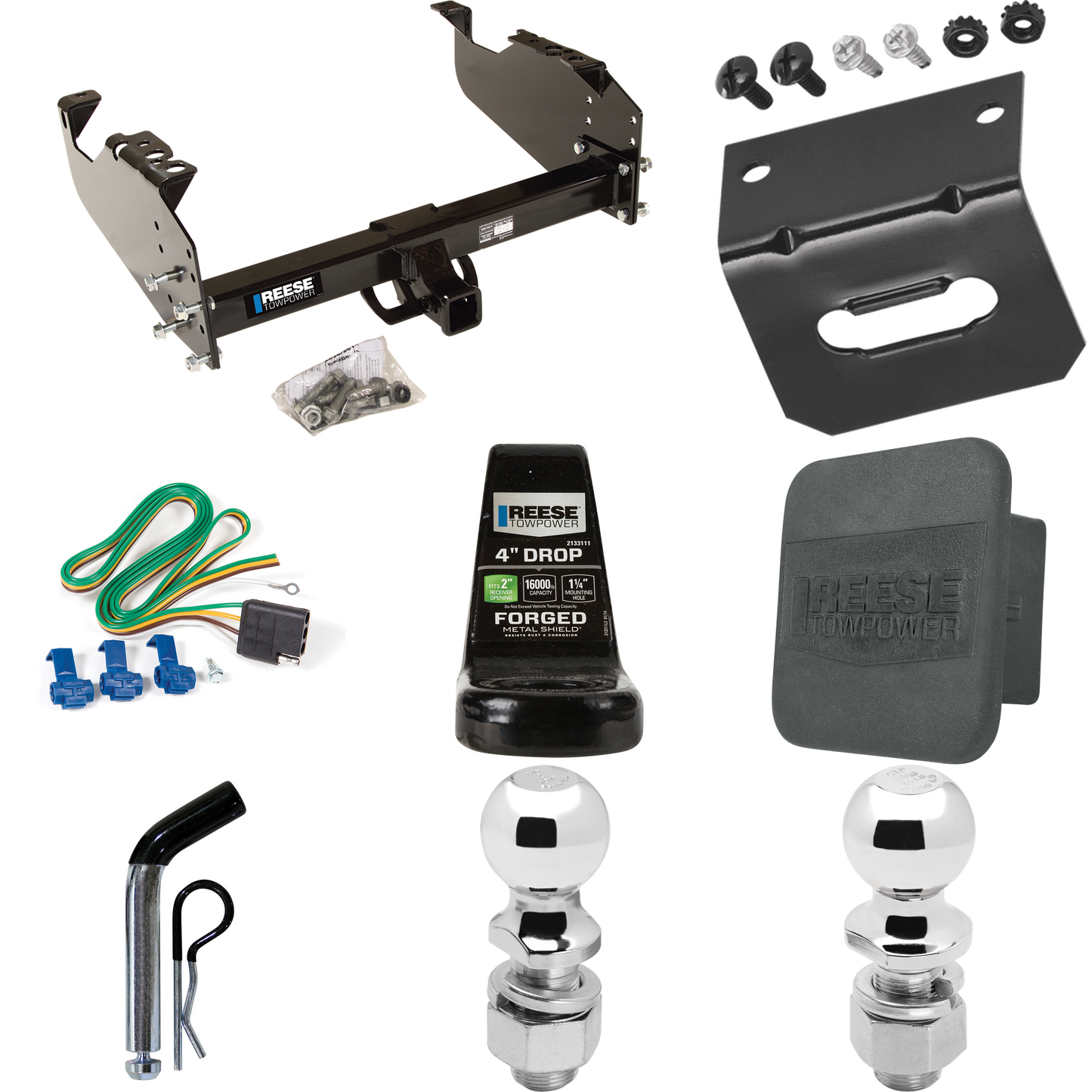 Fits 1988-2000 GMC K3500 Trailer Hitch Tow PKG w/ 4-Flat Wiring Harness + Ball Mount w/ 4" Drop + Pin/Clip + 2" Ball + 2-5/16" Ball + Hitch Cover + Wiring Bracket (For w/34" Wide Frames Models) By Reese Towpower