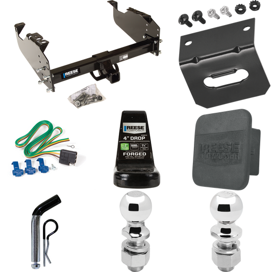 Fits 1988-2000 GMC K3500 Trailer Hitch Tow PKG w/ 4-Flat Wiring Harness + Ball Mount w/ 4" Drop + Pin/Clip + 2" Ball + 2-5/16" Ball + Hitch Cover + Wiring Bracket (For w/34" Wide Frames Models) By Reese Towpower