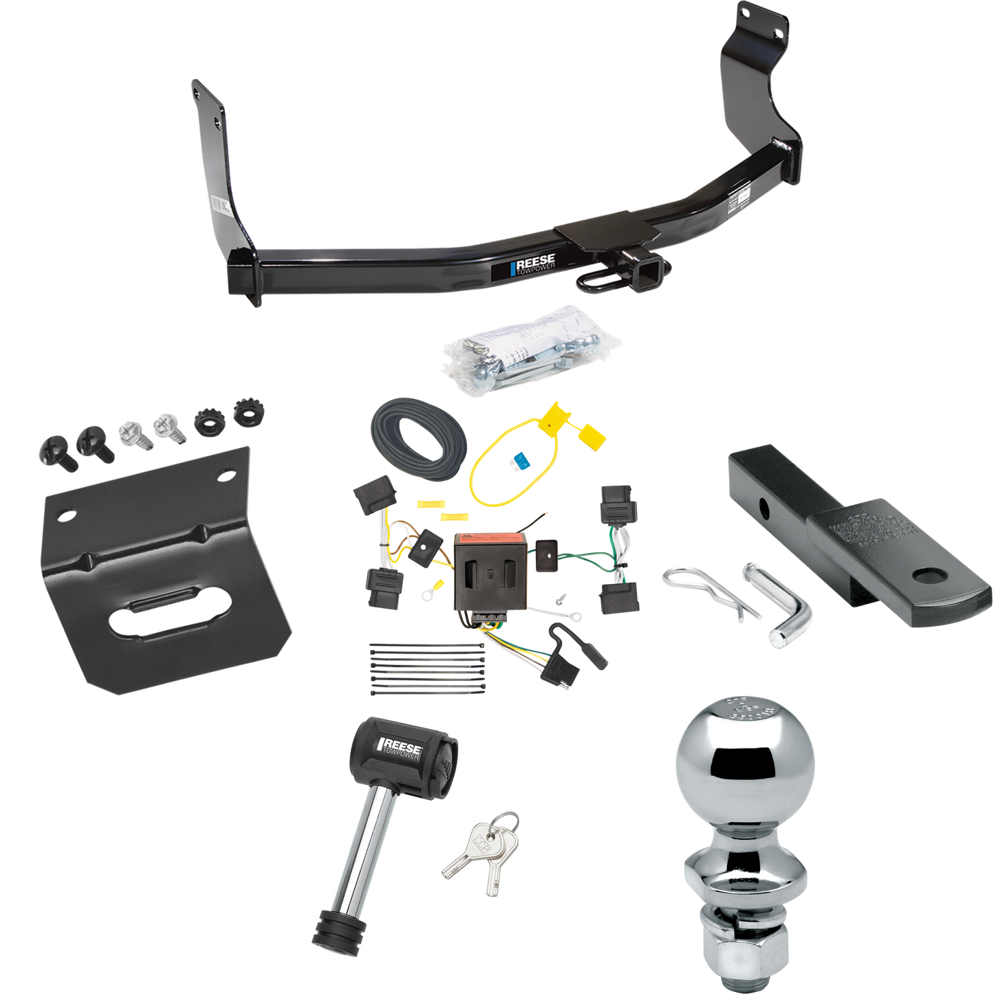 Se adapta al paquete de remolque con enganche para remolque Ford Escape 2008-2012 con arnés de cableado plano de 4 + barra de tracción + bola de 2" + soporte de cableado + bloqueo de enganche de Reese Towpower