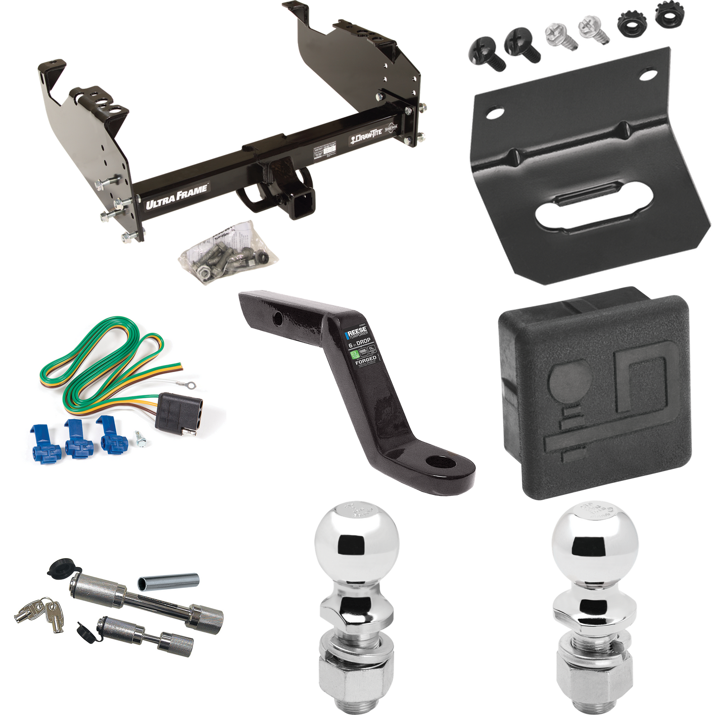 Fits 1999-2009 Chevrolet C6500 Kodiak Trailer Hitch Tow PKG w/ 4-Flat Wiring Harness + Ball Mount w/ 6" Drop + Dual Hitch & Coupler Locks + 2" Ball + 2-5/16" Ball + Hitch Cover + Wiring Bracket (For Cab & Chassis, w/34" Wide Frames Models) By Draw-Ti