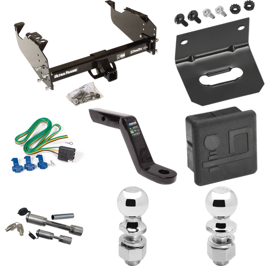 Fits 1999-2009 Chevrolet C6500 Kodiak Trailer Hitch Tow PKG w/ 4-Flat Wiring Harness + Ball Mount w/ 6" Drop + Dual Hitch & Coupler Locks + 2" Ball + 2-5/16" Ball + Hitch Cover + Wiring Bracket (For Cab & Chassis, w/34" Wide Frames Models) By Draw-Ti