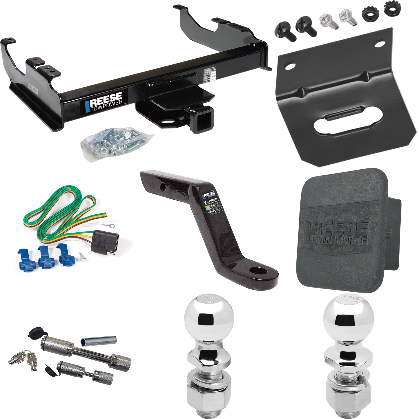 Fits 1985-1986 GMC K2500 Trailer Hitch Tow PKG w/ 4-Flat Wiring Harness + Ball Mount w/ 6" Drop + Dual Hitch & Coupler Locks + 2" Ball + 2-5/16" Ball + Hitch Cover + Wiring Bracket (For w/34" Wide Frames Models) By Reese Towpower