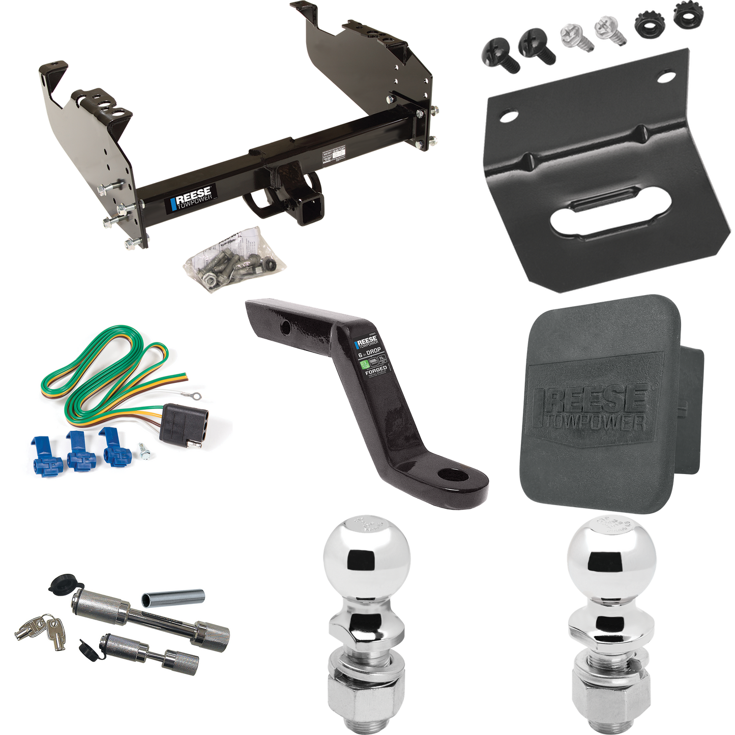 Fits 1963-1966 GMC 3500 Trailer Hitch Tow PKG w/ 4-Flat Wiring Harness + Ball Mount w/ 6" Drop + Dual Hitch & Coupler Locks + 2" Ball + 2-5/16" Ball + Hitch Cover + Wiring Bracket By Reese Towpower