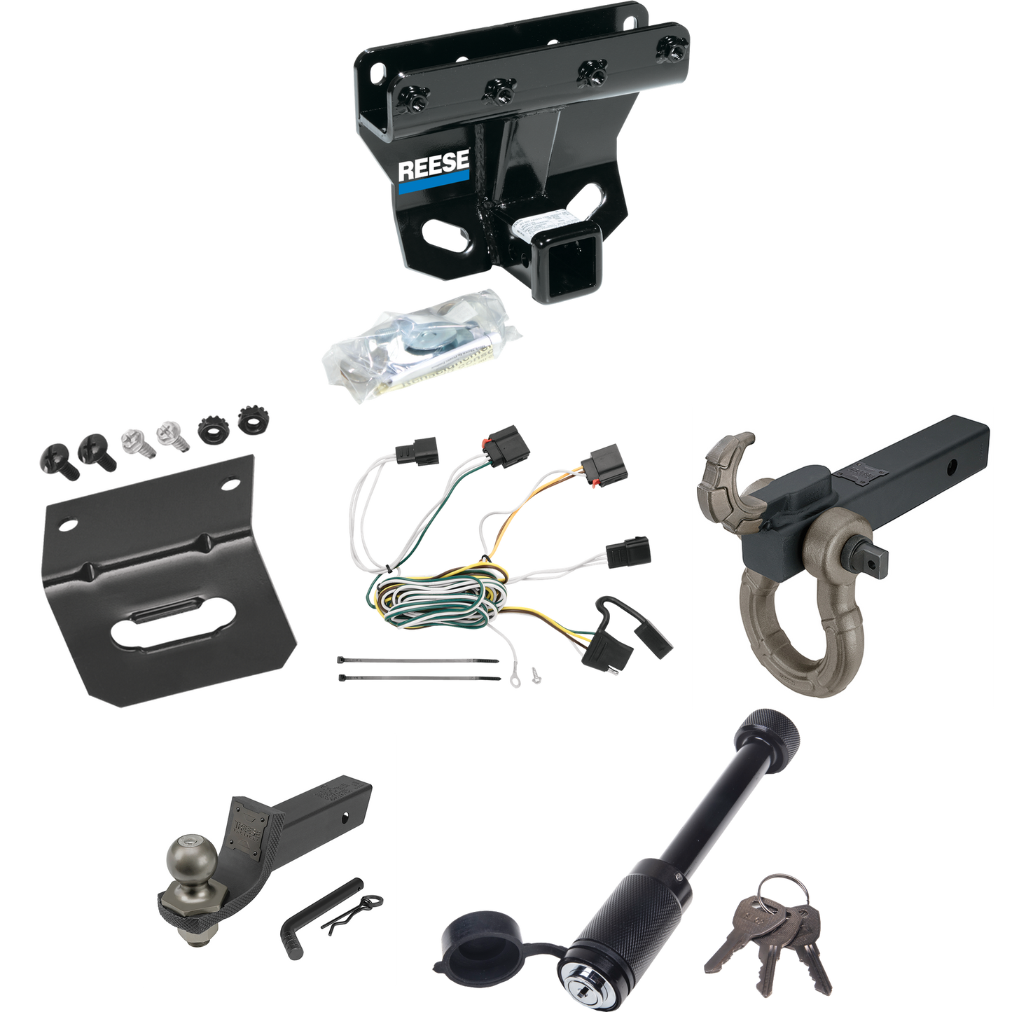 Fits 2007-2010 Jeep Grand Cherokee Trailer Hitch Tow PKG w/ 4-Flat Wiring + Interlock Tactical Starter Kit w/ 2" Drop & 2" Ball + Tactical Hook & Shackle Mount + Tactical Dogbone Lock + Wiring Bracket (Excludes: SRT-8 Models) By Reese Towpower