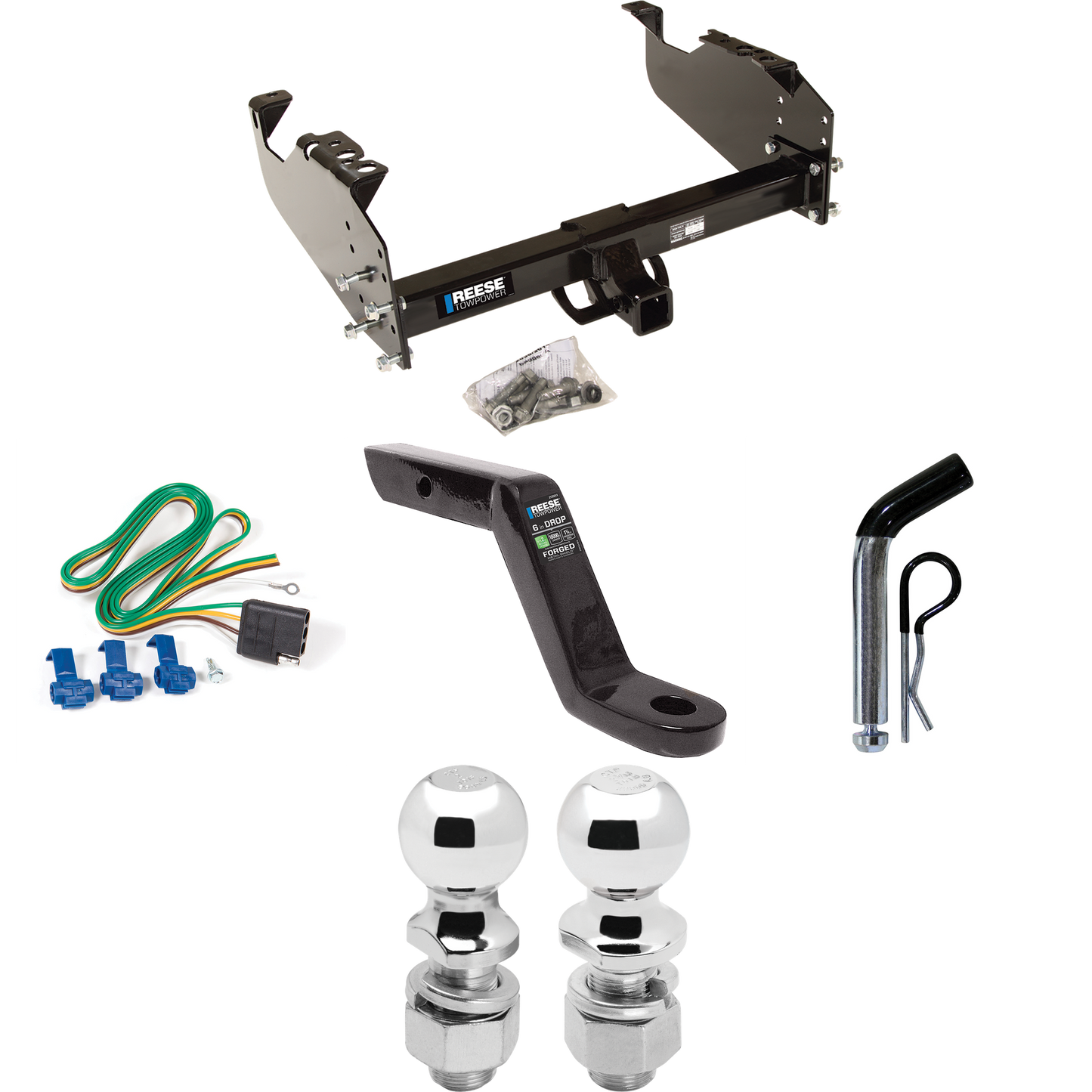 Fits 1999-2009 Chevrolet C6500 Kodiak Trailer Hitch Tow PKG w/ 4-Flat Wiring Harness + Ball Mount w/ 6" Drop + Pin/Clip + 2" Ball + 2-5/16" Ball (For Cab & Chassis, w/34" Wide Frames Models) By Reese Towpower