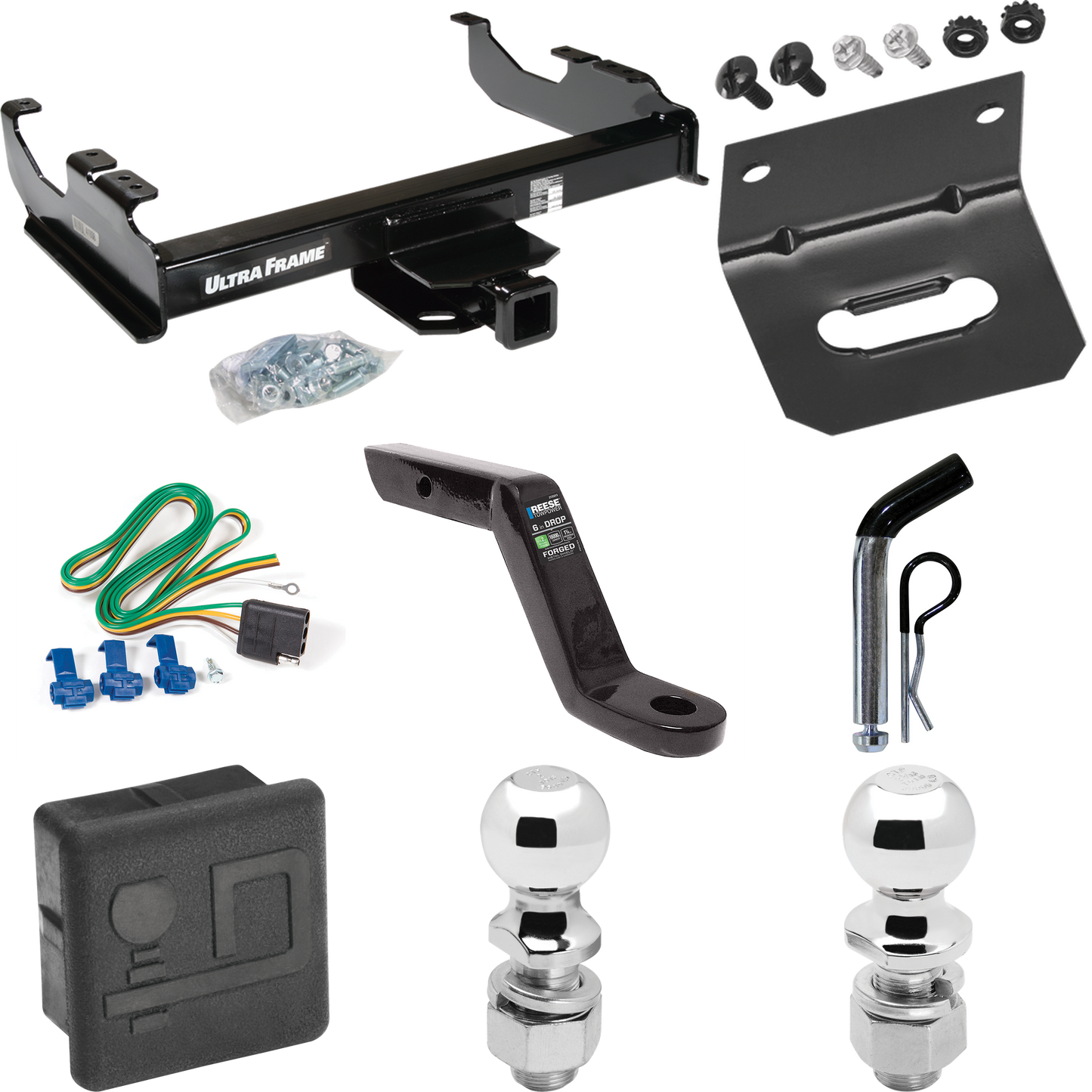 Fits 1963-1972 Chevrolet K10 Trailer Hitch Tow PKG w/ 4-Flat Wiring Harness + Ball Mount w/ 6" Drop + Pin/Clip + 2" Ball + 2-5/16" Ball + Hitch Cover + Wiring Bracket By Draw-Tite