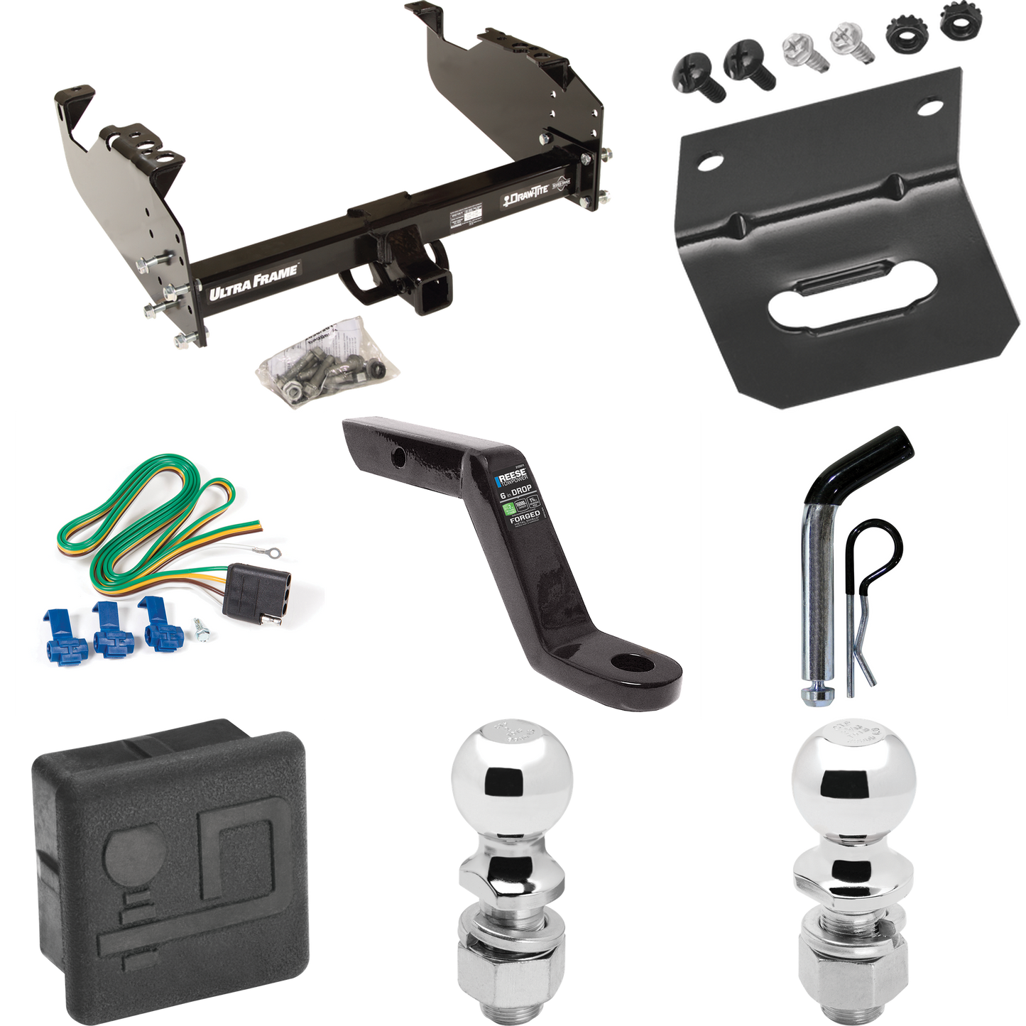 Fits 1963-1965 GMC 1000 Series Trailer Hitch Tow PKG w/ 4-Flat Wiring Harness + Ball Mount w/ 6" Drop + Pin/Clip + 2" Ball + 2-5/16" Ball + Hitch Cover + Wiring Bracket By Draw-Tite