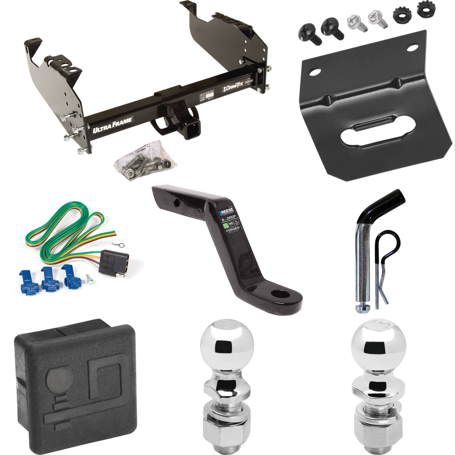 Fits 1985-1986 Chevrolet K20 Trailer Hitch Tow PKG w/ 4-Flat Wiring Harness + Ball Mount w/ 6" Drop + Pin/Clip + 2" Ball + 2-5/16" Ball + Hitch Cover + Wiring Bracket (For w/34" Wide Frames Models) By Draw-Tite