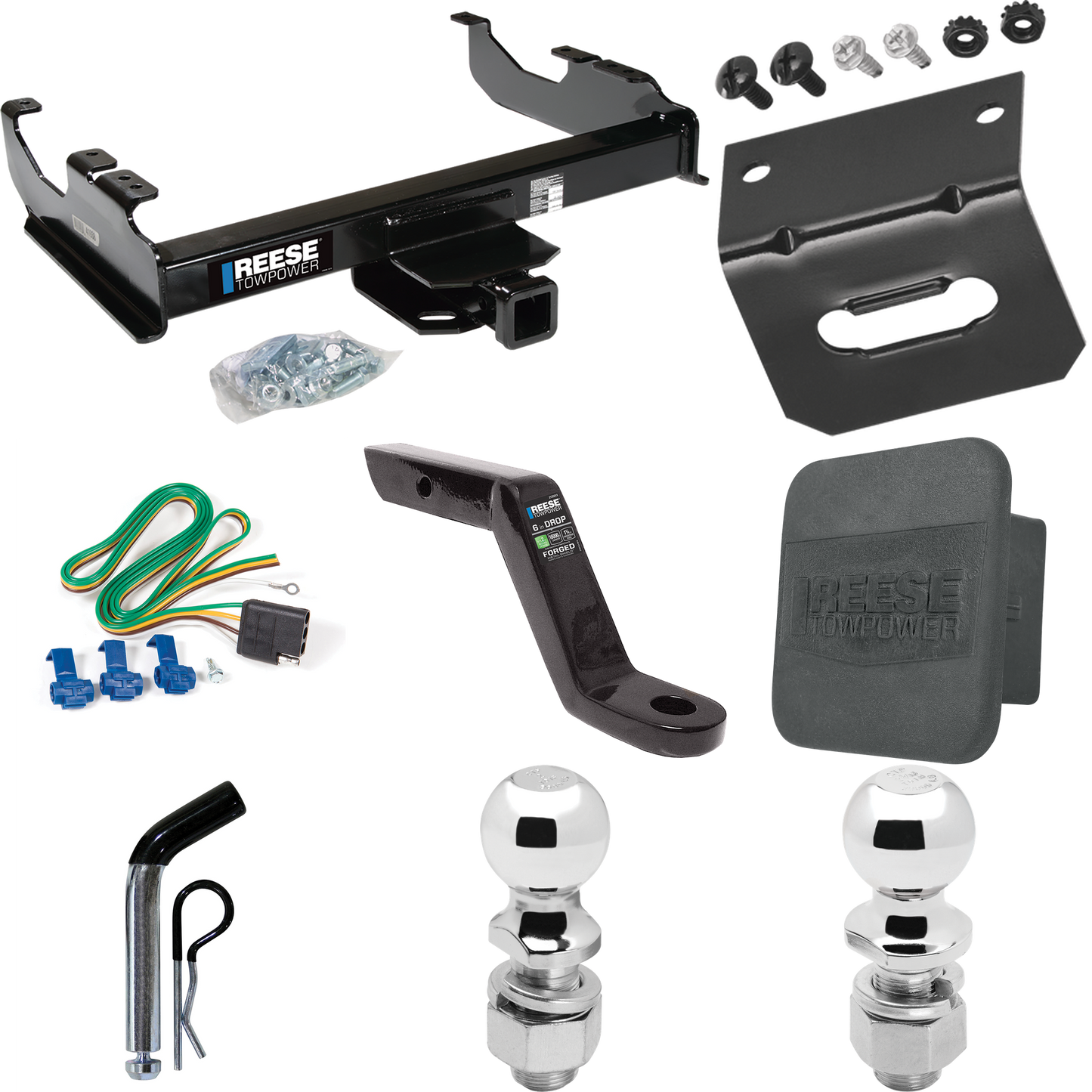 Fits 1988-2000 GMC K2500 Trailer Hitch Tow PKG w/ 4-Flat Wiring Harness + Ball Mount w/ 6" Drop + Pin/Clip + 2" Ball + 2-5/16" Ball + Hitch Cover + Wiring Bracket (For w/34" Wide Frames Models) By Reese Towpower