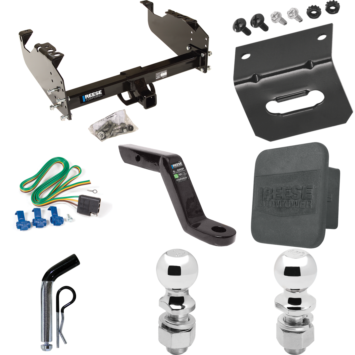 Fits 1988-1991 Chevrolet K2500 Trailer Hitch Tow PKG w/ 4-Flat Wiring Harness + Ball Mount w/ 6" Drop + Pin/Clip + 2" Ball + 2-5/16" Ball + Hitch Cover + Wiring Bracket (For Crew Cab Models) By Reese Towpower