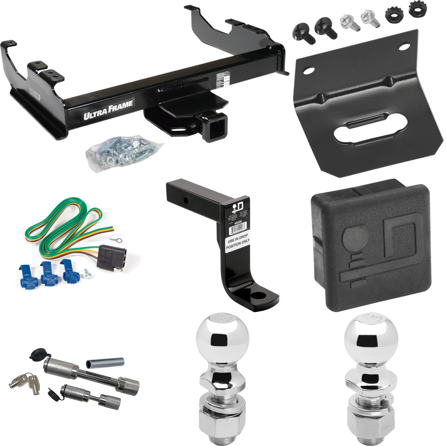 Fits 1988-1991 Chevrolet C3500 Trailer Hitch Tow PKG w/ 4-Flat Wiring Harness + Ball Mount w/ 8" Drop + Dual Hitch & Coupler Locks + 2" Ball + 2-5/16" Ball + Hitch Cover + Wiring Bracket (For Crew Cab Models) By Draw-Tite