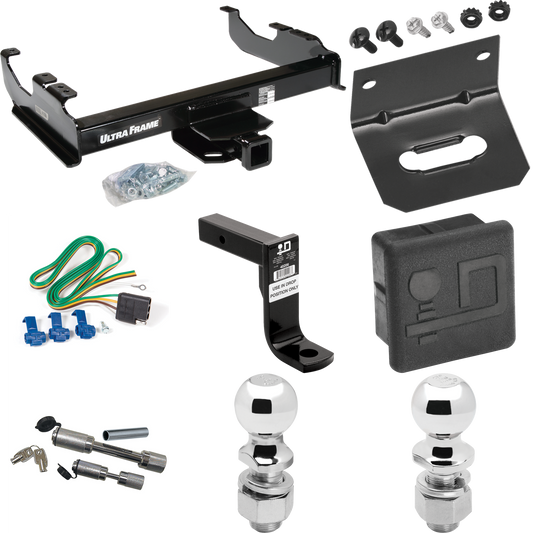 Fits 1988-1991 Chevrolet C3500 Trailer Hitch Tow PKG w/ 4-Flat Wiring Harness + Ball Mount w/ 8" Drop + Dual Hitch & Coupler Locks + 2" Ball + 2-5/16" Ball + Hitch Cover + Wiring Bracket (For Crew Cab Models) By Draw-Tite