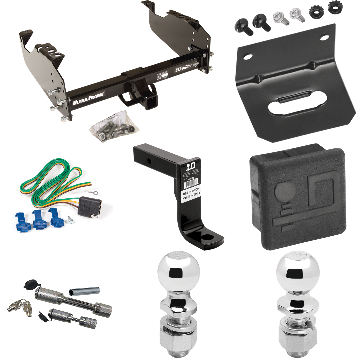 Fits 1985-1986 Chevrolet K20 Trailer Hitch Tow PKG w/ 4-Flat Wiring Harness + Ball Mount w/ 8" Drop + Dual Hitch & Coupler Locks + 2" Ball + 2-5/16" Ball + Hitch Cover + Wiring Bracket (For w/34" Wide Frames Models) By Draw-Tite