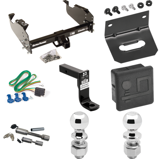 Fits 1985-1986 Chevrolet K20 Trailer Hitch Tow PKG w/ 4-Flat Wiring Harness + Ball Mount w/ 8" Drop + Dual Hitch & Coupler Locks + 2" Ball + 2-5/16" Ball + Hitch Cover + Wiring Bracket (For w/34" Wide Frames Models) By Draw-Tite