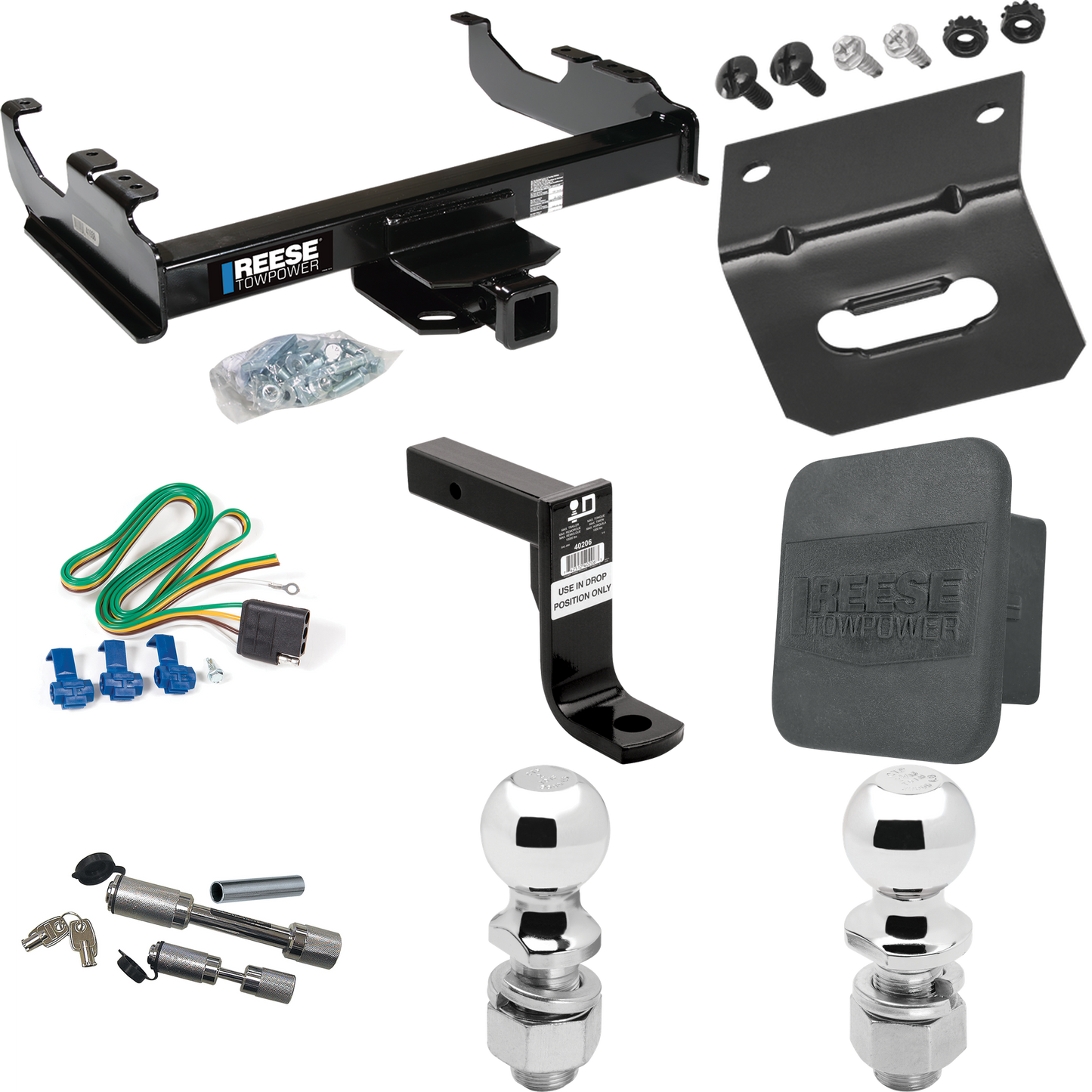 Fits 1963-1966 GMC 3500 Trailer Hitch Tow PKG w/ 4-Flat Wiring Harness + Ball Mount w/ 8" Drop + Dual Hitch & Coupler Locks + 2" Ball + 2-5/16" Ball + Hitch Cover + Wiring Bracket By Reese Towpower