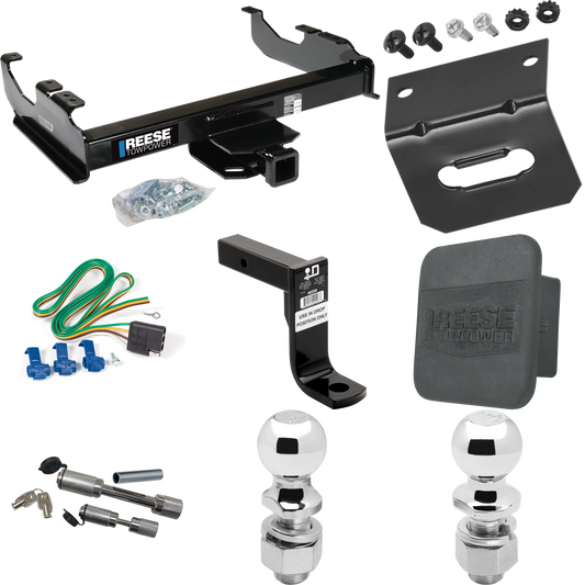 Fits 1963-1966 GMC 3500 Trailer Hitch Tow PKG w/ 4-Flat Wiring Harness + Ball Mount w/ 8" Drop + Dual Hitch & Coupler Locks + 2" Ball + 2-5/16" Ball + Hitch Cover + Wiring Bracket By Reese Towpower