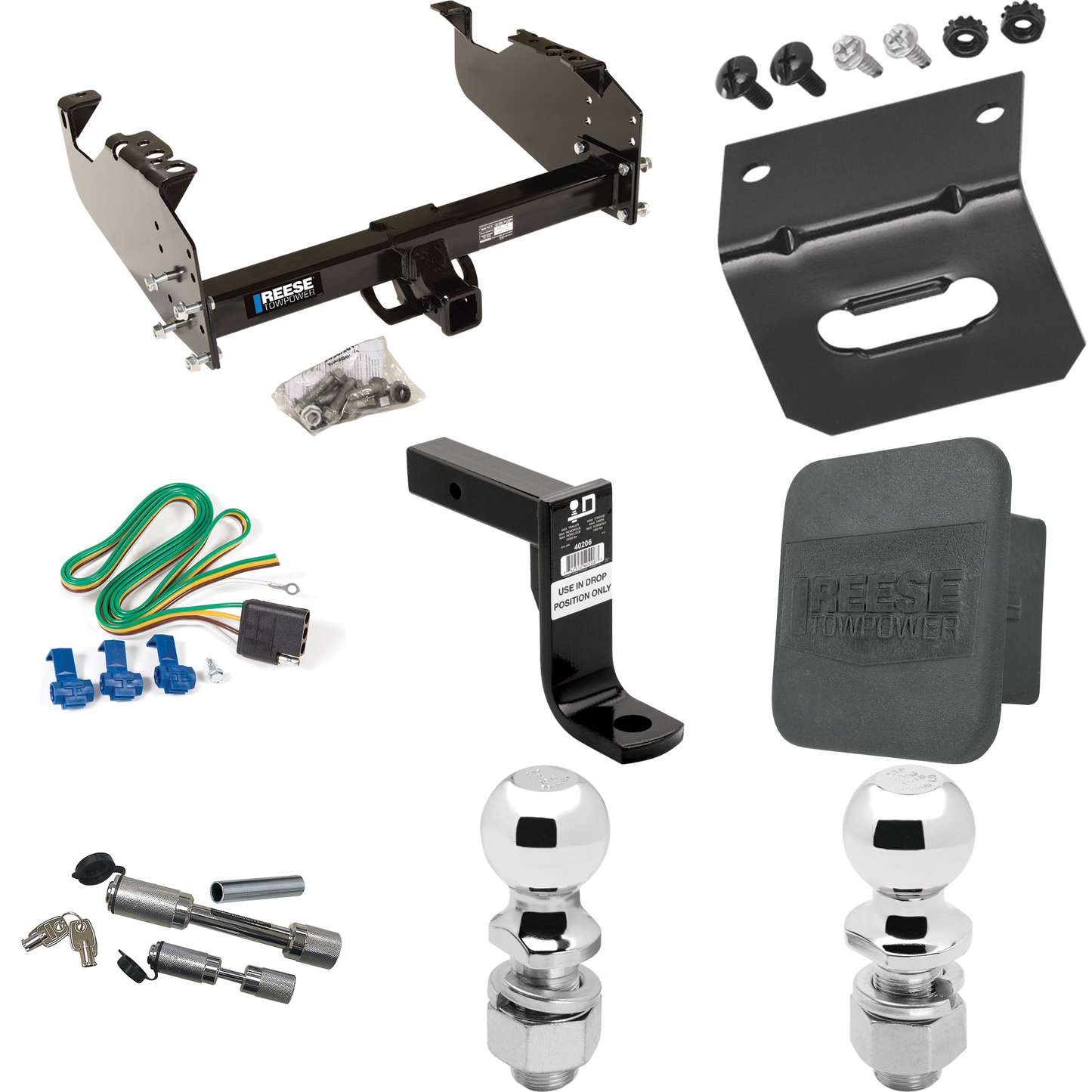 Fits 1963-1966 GMC 3000 Trailer Hitch Tow PKG w/ 4-Flat Wiring Harness + Ball Mount w/ 8" Drop + Dual Hitch & Coupler Locks + 2" Ball + 2-5/16" Ball + Hitch Cover + Wiring Bracket By Reese Towpower