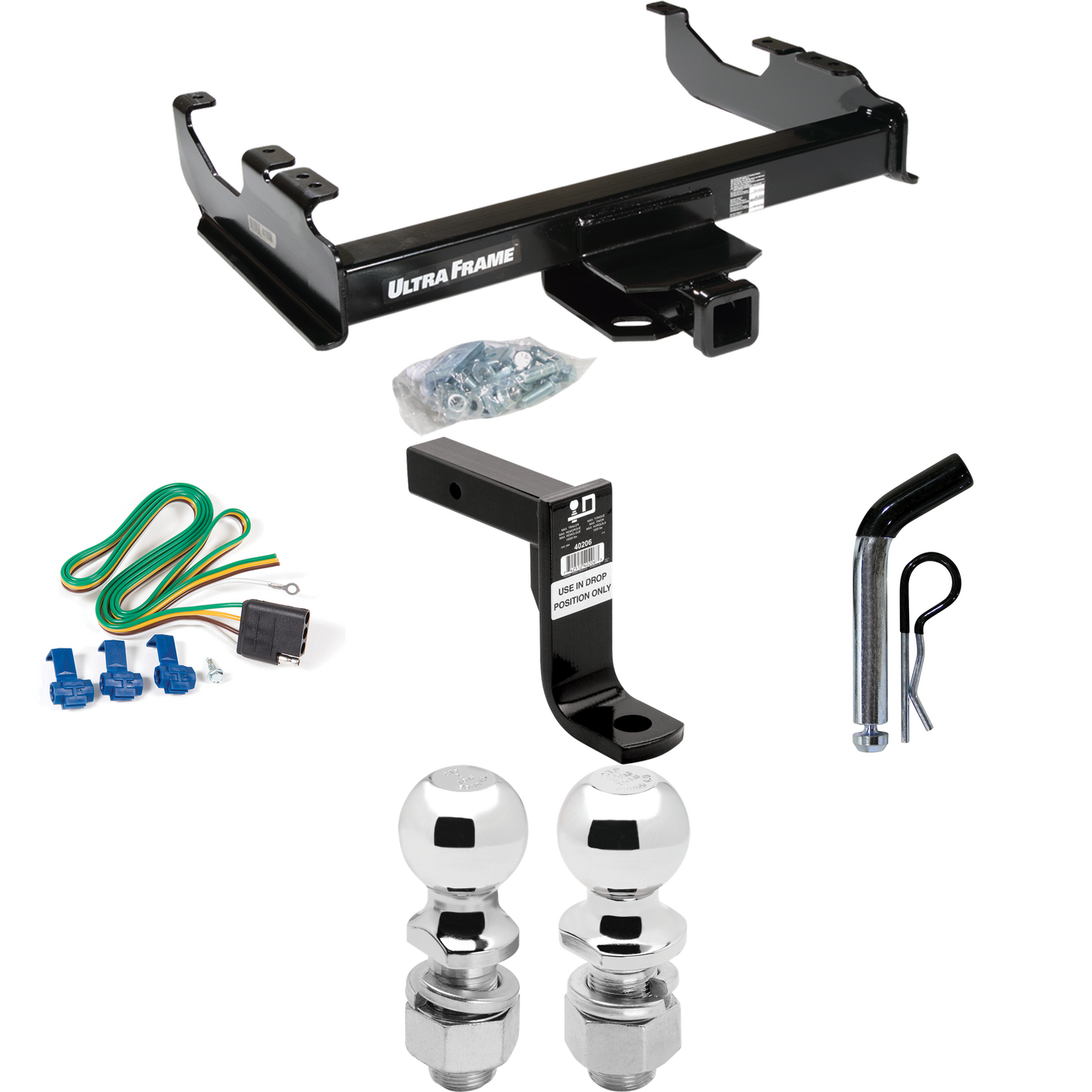 Fits 1967-1974 GMC K15 Trailer Hitch Tow PKG w/ 4-Flat Wiring Harness + Ball Mount w/ 8" Drop + Pin/Clip + 2" Ball + 2-5/16" Ball By Draw-Tite