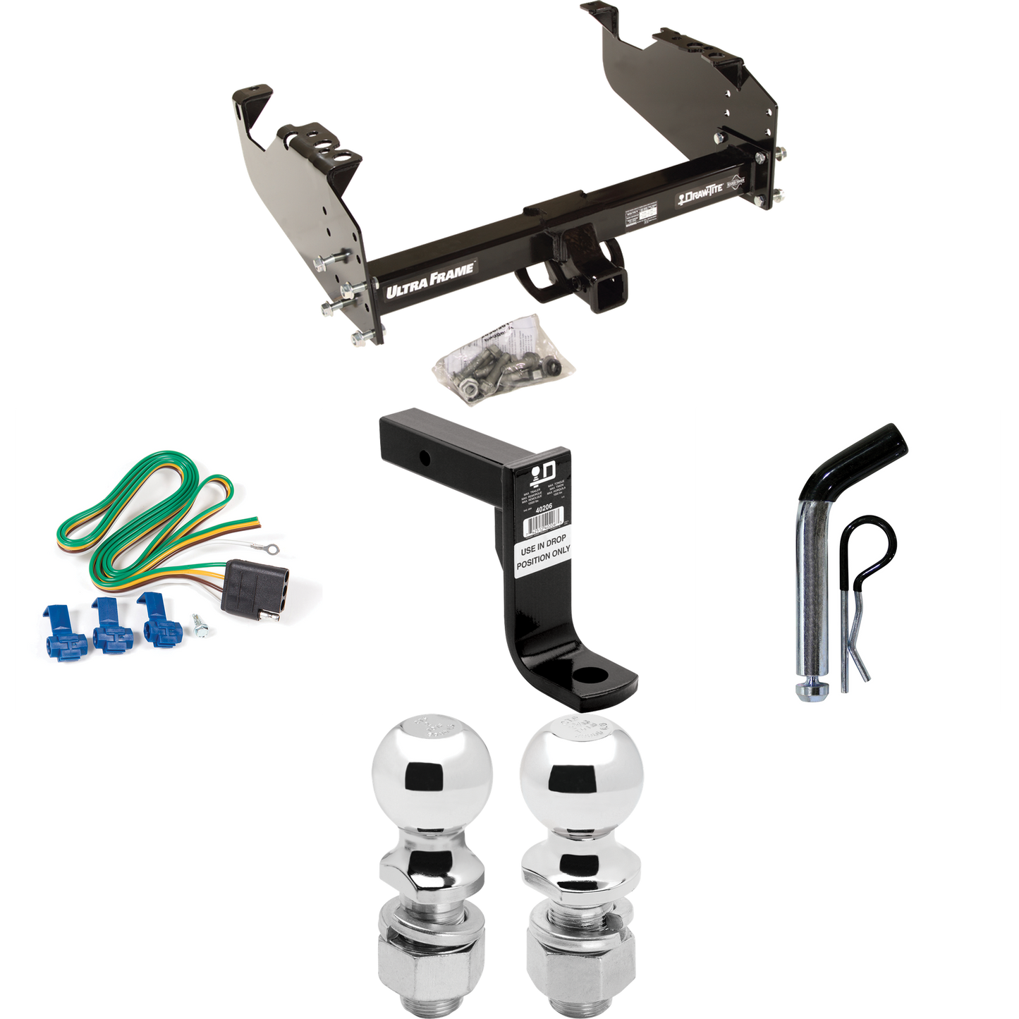 Fits 1963-1966 GMC 3000 Trailer Hitch Tow PKG w/ 4-Flat Wiring Harness + Ball Mount w/ 8" Drop + Pin/Clip + 2" Ball + 2-5/16" Ball By Draw-Tite