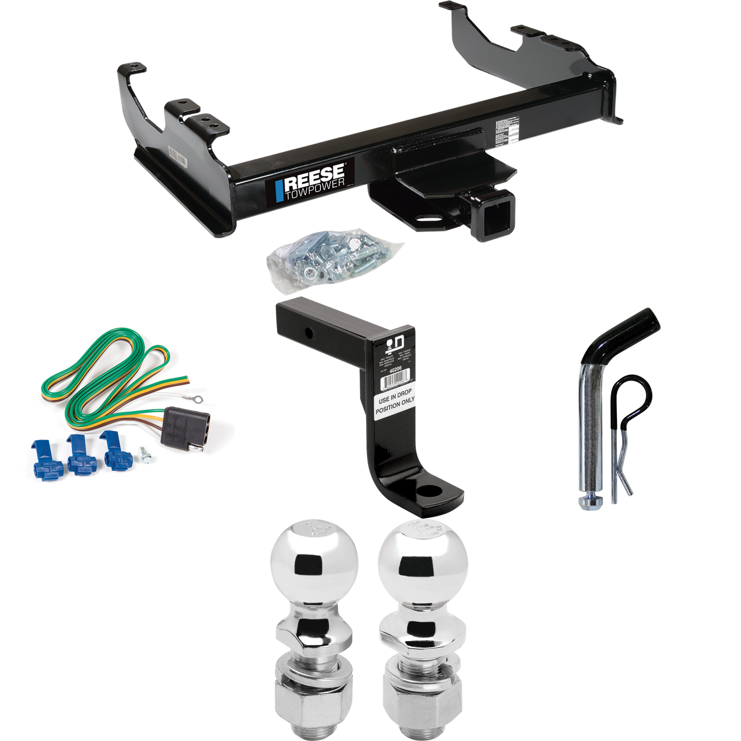 Fits 1963-1965 GMC 1000 Series Trailer Hitch Tow PKG w/ 4-Flat Wiring Harness + Ball Mount w/ 8" Drop + Pin/Clip + 2" Ball + 2-5/16" Ball By Reese Towpower