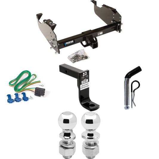 Fits 1999-2009 Chevrolet C8500 Kodiak Trailer Hitch Tow PKG w/ 4-Flat Wiring Harness + Ball Mount w/ 8" Drop + Pin/Clip + 2" Ball + 2-5/16" Ball (For Cab & Chassis, w/34" Wide Frames Models) By Reese Towpower