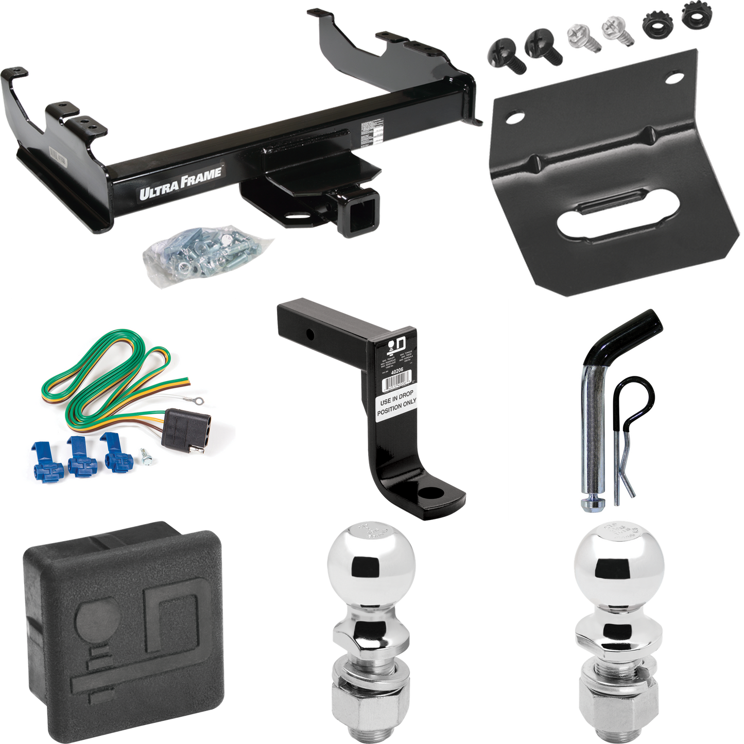 Fits 1985-1986 GMC K2500 Trailer Hitch Tow PKG w/ 4-Flat Wiring Harness + Ball Mount w/ 8" Drop + Pin/Clip + 2" Ball + 2-5/16" Ball + Hitch Cover + Wiring Bracket (For w/34" Wide Frames Models) By Draw-Tite