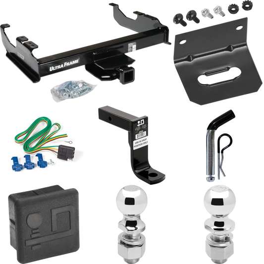 Fits 1985-1986 GMC K2500 Trailer Hitch Tow PKG w/ 4-Flat Wiring Harness + Ball Mount w/ 8" Drop + Pin/Clip + 2" Ball + 2-5/16" Ball + Hitch Cover + Wiring Bracket (For w/34" Wide Frames Models) By Draw-Tite