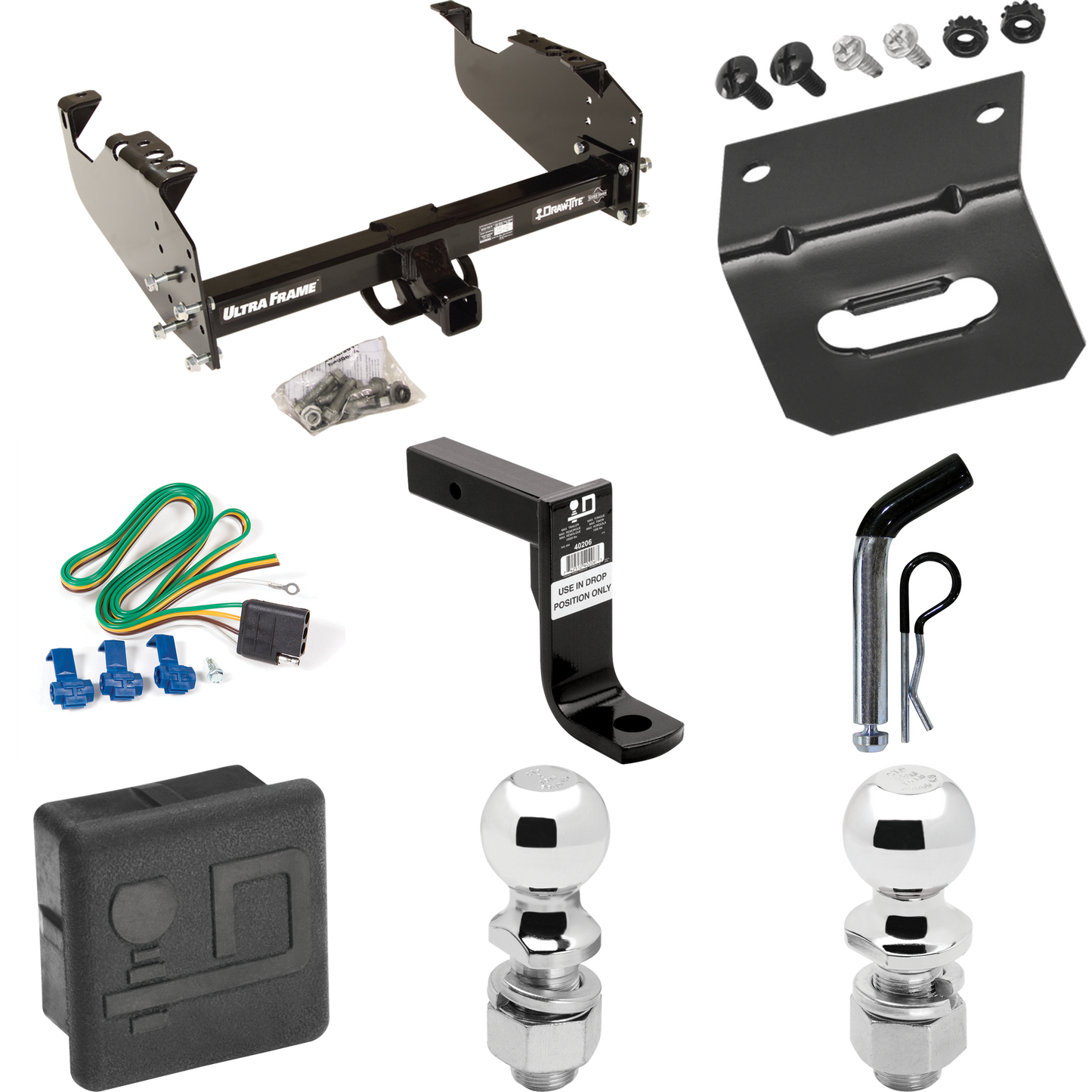 Fits 1985-1986 Chevrolet K20 Trailer Hitch Tow PKG w/ 4-Flat Wiring Harness + Ball Mount w/ 8" Drop + Pin/Clip + 2" Ball + 2-5/16" Ball + Hitch Cover + Wiring Bracket (For w/34" Wide Frames Models) By Draw-Tite