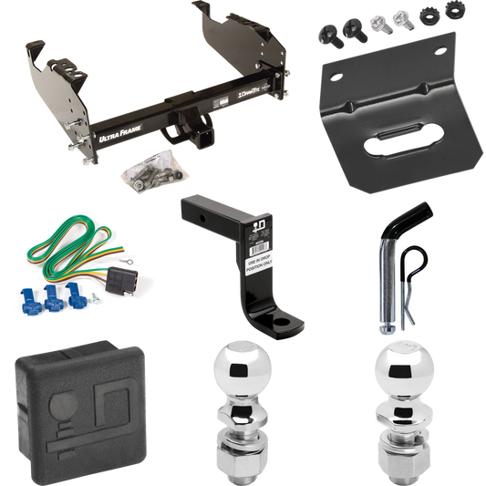 Fits 1985-1986 Chevrolet K20 Trailer Hitch Tow PKG w/ 4-Flat Wiring Harness + Ball Mount w/ 8" Drop + Pin/Clip + 2" Ball + 2-5/16" Ball + Hitch Cover + Wiring Bracket (For w/34" Wide Frames Models) By Draw-Tite