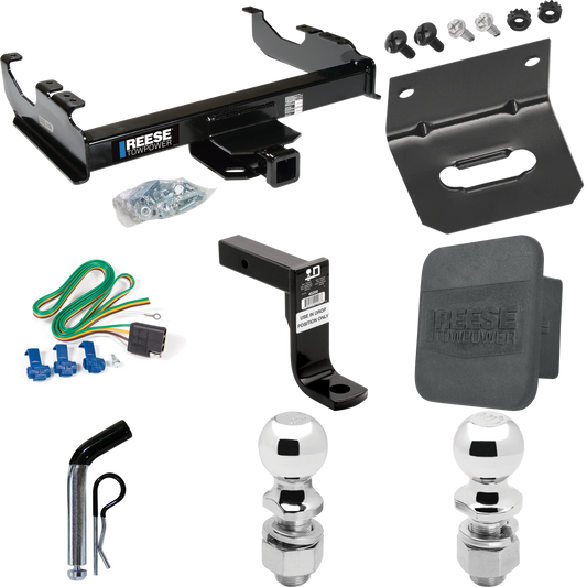 Fits 1988-1991 Chevrolet K2500 Trailer Hitch Tow PKG w/ 4-Flat Wiring Harness + Ball Mount w/ 8" Drop + Pin/Clip + 2" Ball + 2-5/16" Ball + Hitch Cover + Wiring Bracket (For Crew Cab Models) By Reese Towpower