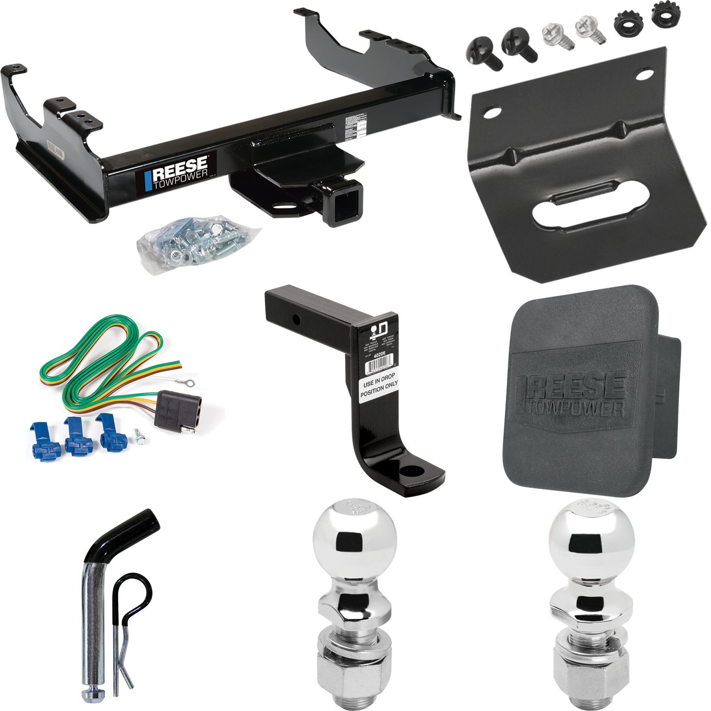 Fits 1985-1986 Chevrolet K10 Trailer Hitch Tow PKG w/ 4-Flat Wiring Harness + Ball Mount w/ 8" Drop + Pin/Clip + 2" Ball + 2-5/16" Ball + Hitch Cover + Wiring Bracket (For w/34" Wide Frames Models) By Reese Towpower