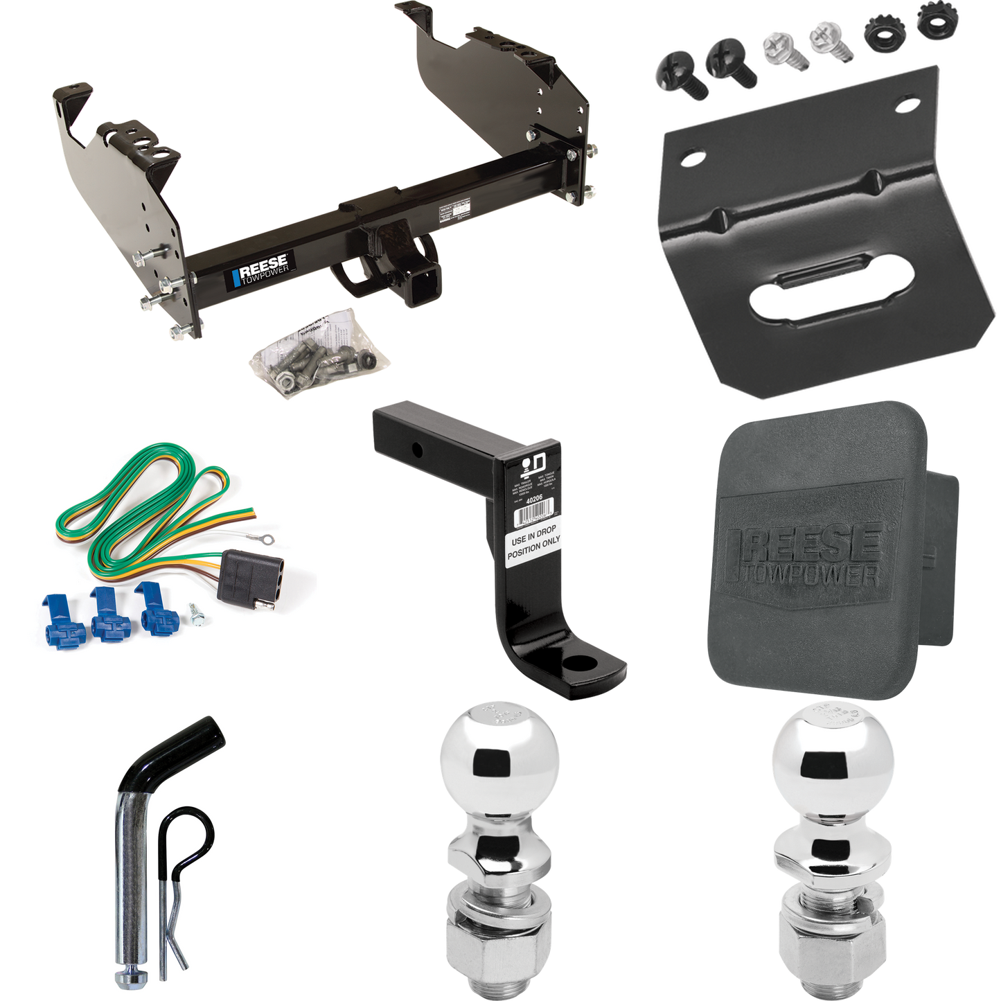 Fits 1985-1986 Chevrolet K20 Trailer Hitch Tow PKG w/ 4-Flat Wiring Harness + Ball Mount w/ 8" Drop + Pin/Clip + 2" Ball + 2-5/16" Ball + Hitch Cover + Wiring Bracket (For w/34" Wide Frames Models) By Reese Towpower