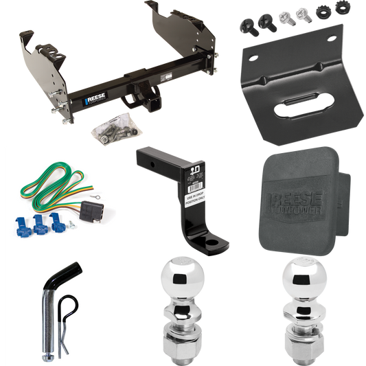 Fits 1985-1986 Chevrolet K20 Trailer Hitch Tow PKG w/ 4-Flat Wiring Harness + Ball Mount w/ 8" Drop + Pin/Clip + 2" Ball + 2-5/16" Ball + Hitch Cover + Wiring Bracket (For w/34" Wide Frames Models) By Reese Towpower