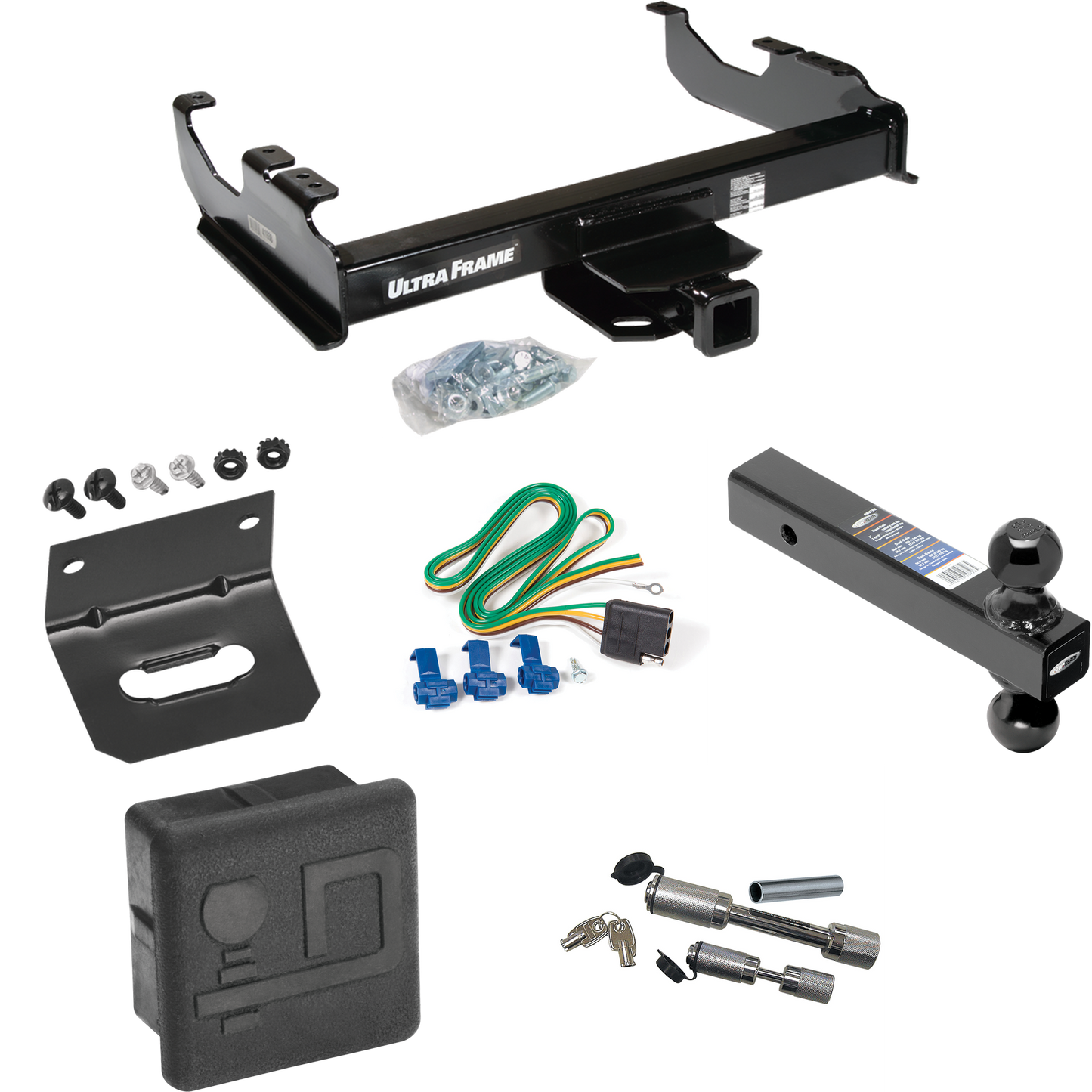 Fits 1963-1966 GMC 3000 Trailer Hitch Tow PKG w/ 4-Flat Wiring Harness + Dual Ball Ball Mount 2" & 2-5/16" Trailer Balls + Dual Hitch & Coupler Locks + Hitch Cover + Wiring Bracket By Draw-Tite