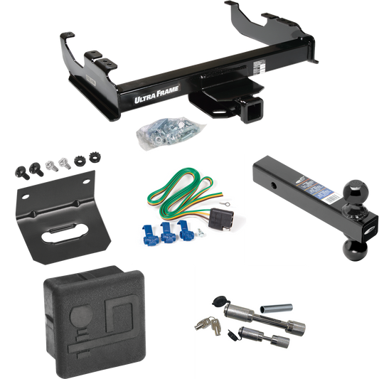 Fits 1963-1966 GMC 3000 Trailer Hitch Tow PKG w/ 4-Flat Wiring Harness + Dual Ball Ball Mount 2" & 2-5/16" Trailer Balls + Dual Hitch & Coupler Locks + Hitch Cover + Wiring Bracket By Draw-Tite