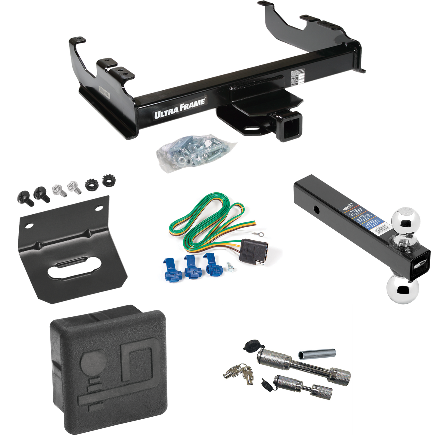 Fits 1963-1965 GMC 1000 Series Trailer Hitch Tow PKG w/ 4-Flat Wiring Harness + Dual Ball Ball Mount 2" & 2-5/16" Trailer Balls + Dual Hitch & Coupler Locks + Hitch Cover + Wiring Bracket By Draw-Tite