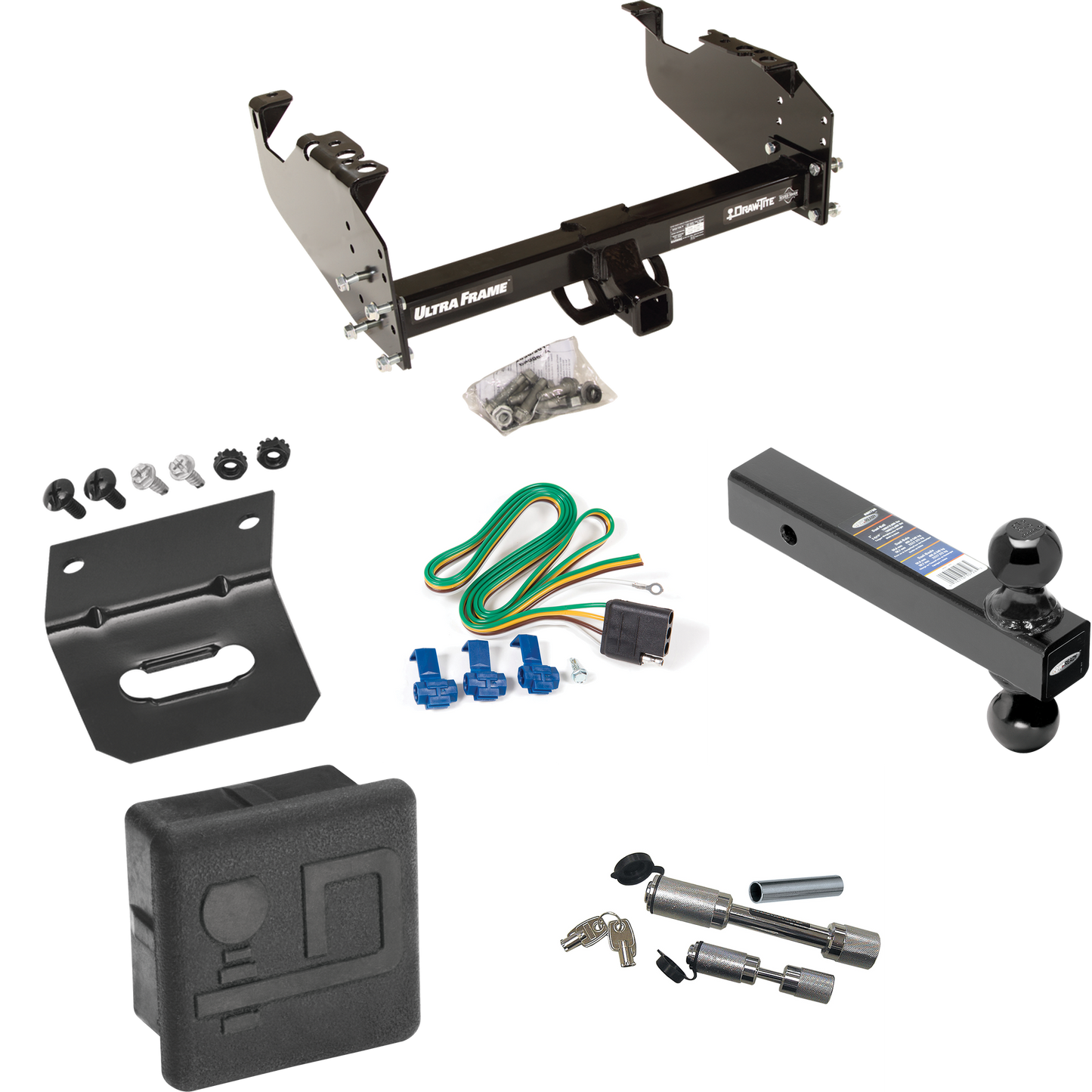 Fits 1963-1966 GMC 3500 Trailer Hitch Tow PKG w/ 4-Flat Wiring Harness + Dual Ball Ball Mount 2" & 2-5/16" Trailer Balls + Dual Hitch & Coupler Locks + Hitch Cover + Wiring Bracket By Draw-Tite