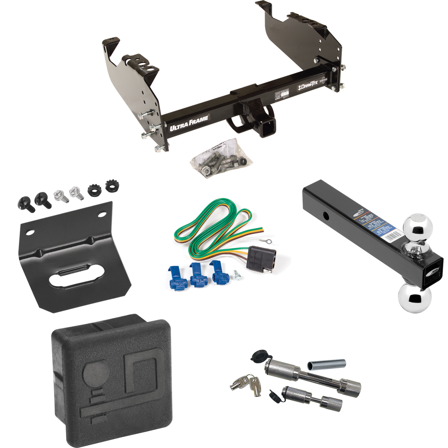 Fits 1985-1986 Chevrolet C10 Trailer Hitch Tow PKG w/ 4-Flat Wiring Harness + Dual Ball Ball Mount 2" & 2-5/16" Trailer Balls + Dual Hitch & Coupler Locks + Hitch Cover + Wiring Bracket (For w/34" Wide Frames Models) By Draw-Tite