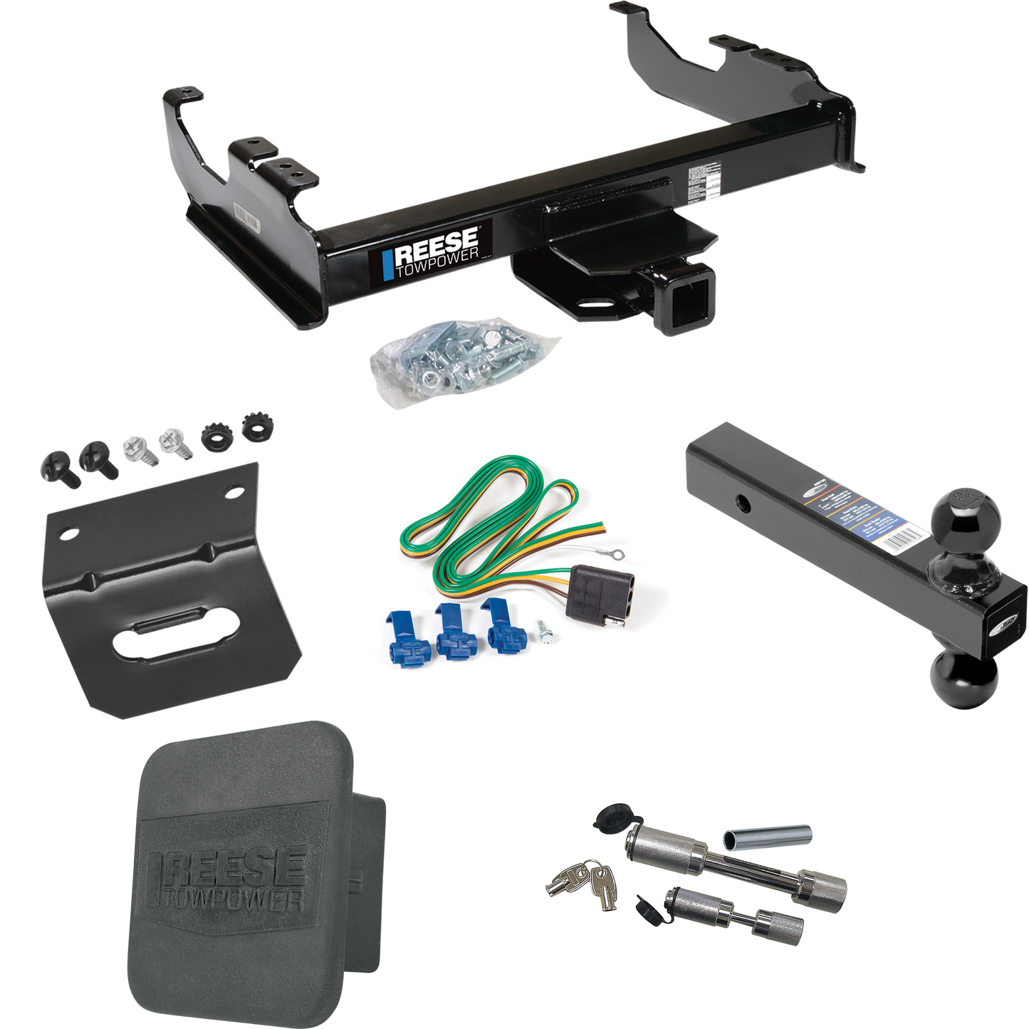 Fits 1988-2000 GMC K2500 Trailer Hitch Tow PKG w/ 4-Flat Wiring Harness + Dual Ball Ball Mount 2" & 2-5/16" Trailer Balls + Dual Hitch & Coupler Locks + Hitch Cover + Wiring Bracket (For w/34" Wide Frames Models) By Reese Towpower