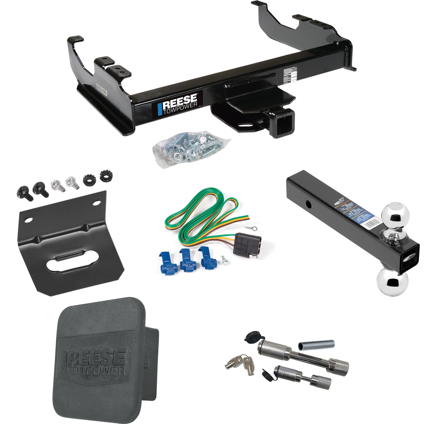 Fits 1988-1991 Chevrolet C2500 Trailer Hitch Tow PKG w/ 4-Flat Wiring Harness + Dual Ball Ball Mount 2" & 2-5/16" Trailer Balls + Dual Hitch & Coupler Locks + Hitch Cover + Wiring Bracket (For Crew Cab Models) By Reese Towpower