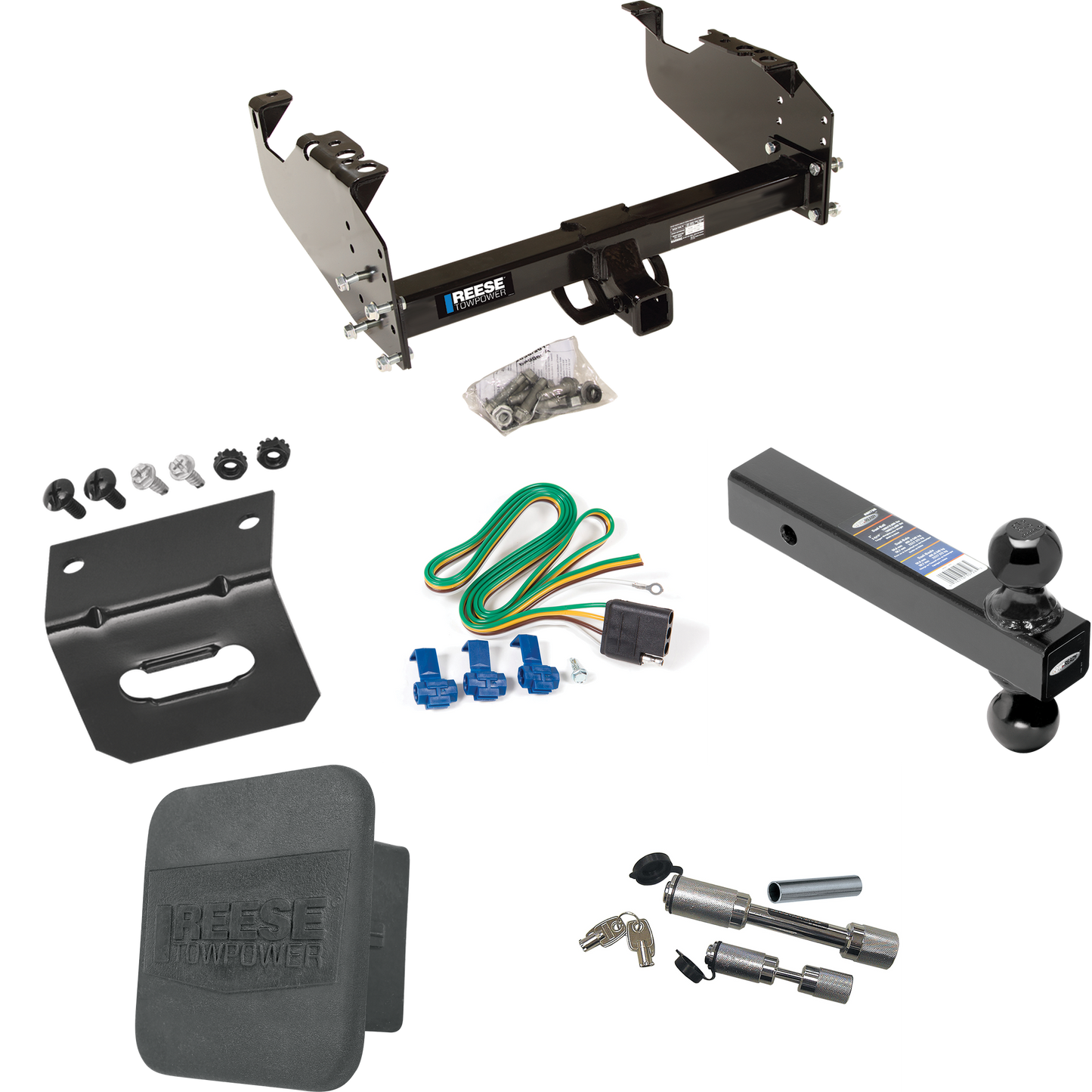 Fits 2003-2009 GMC C4500 Topkick Trailer Hitch Tow PKG w/ 4-Flat Wiring Harness + Dual Ball Ball Mount 2" & 2-5/16" Trailer Balls + Dual Hitch & Coupler Locks + Hitch Cover + Wiring Bracket (For Cab & Chassis, w/34" Wide Frames Models) By Reese Towpo