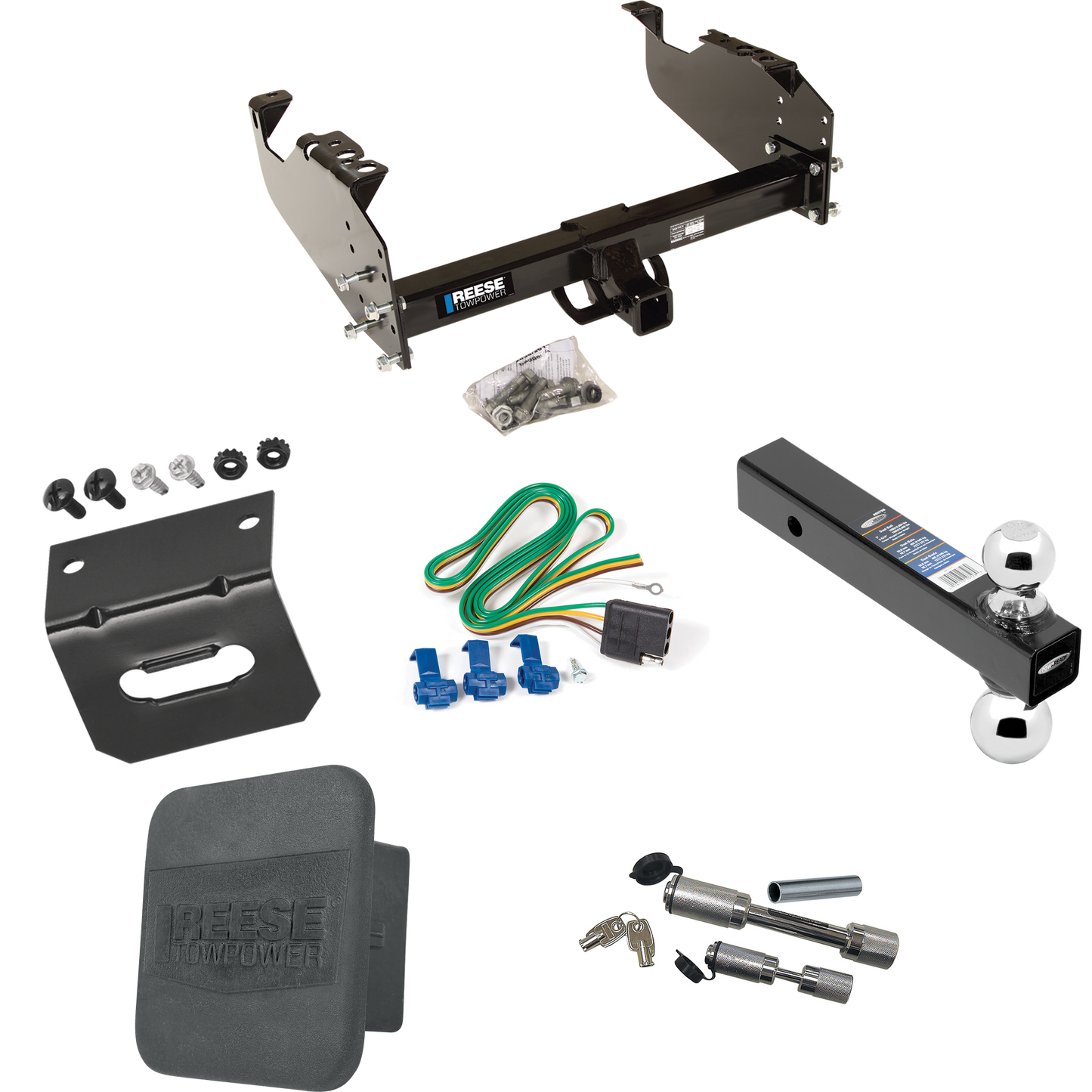 Fits 2003-2009 GMC C4500 Topkick Trailer Hitch Tow PKG w/ 4-Flat Wiring Harness + Dual Ball Ball Mount 2" & 2-5/16" Trailer Balls + Dual Hitch & Coupler Locks + Hitch Cover + Wiring Bracket (For Cab & Chassis, w/34" Wide Frames Models) By Reese Towpo