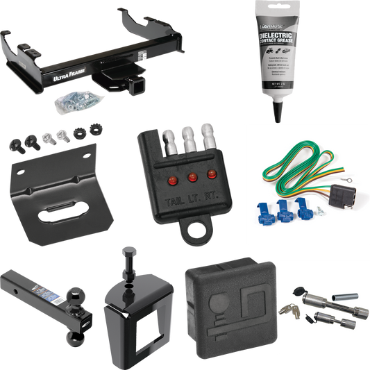 Fits 1985-1986 Chevrolet K10 Trailer Hitch Tow PKG w/ 4-Flat Wiring Harness + Dual Ball Ball Mount 2" & 2-5/16" Trailer Balls + Dual Hitch & Coupler Locks + Hitch Cover + Wiring Bracket + Wiring Tester + Electric Grease + Anti Rattle Device (For w/34