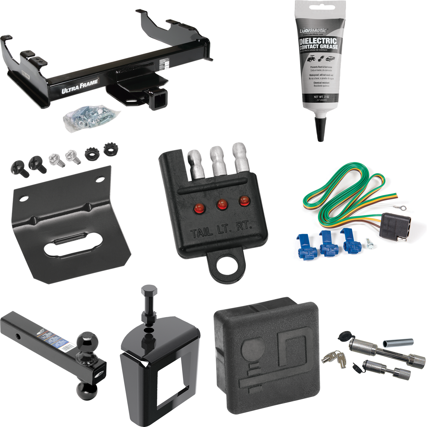 Fits 1967-1974 GMC C15/C1500 Trailer Hitch Tow PKG w/ 4-Flat Wiring Harness + Dual Ball Ball Mount 2" & 2-5/16" Trailer Balls + Dual Hitch & Coupler Locks + Hitch Cover + Wiring Bracket + Wiring Tester + Electric Grease + Anti Rattle Device By Draw-T