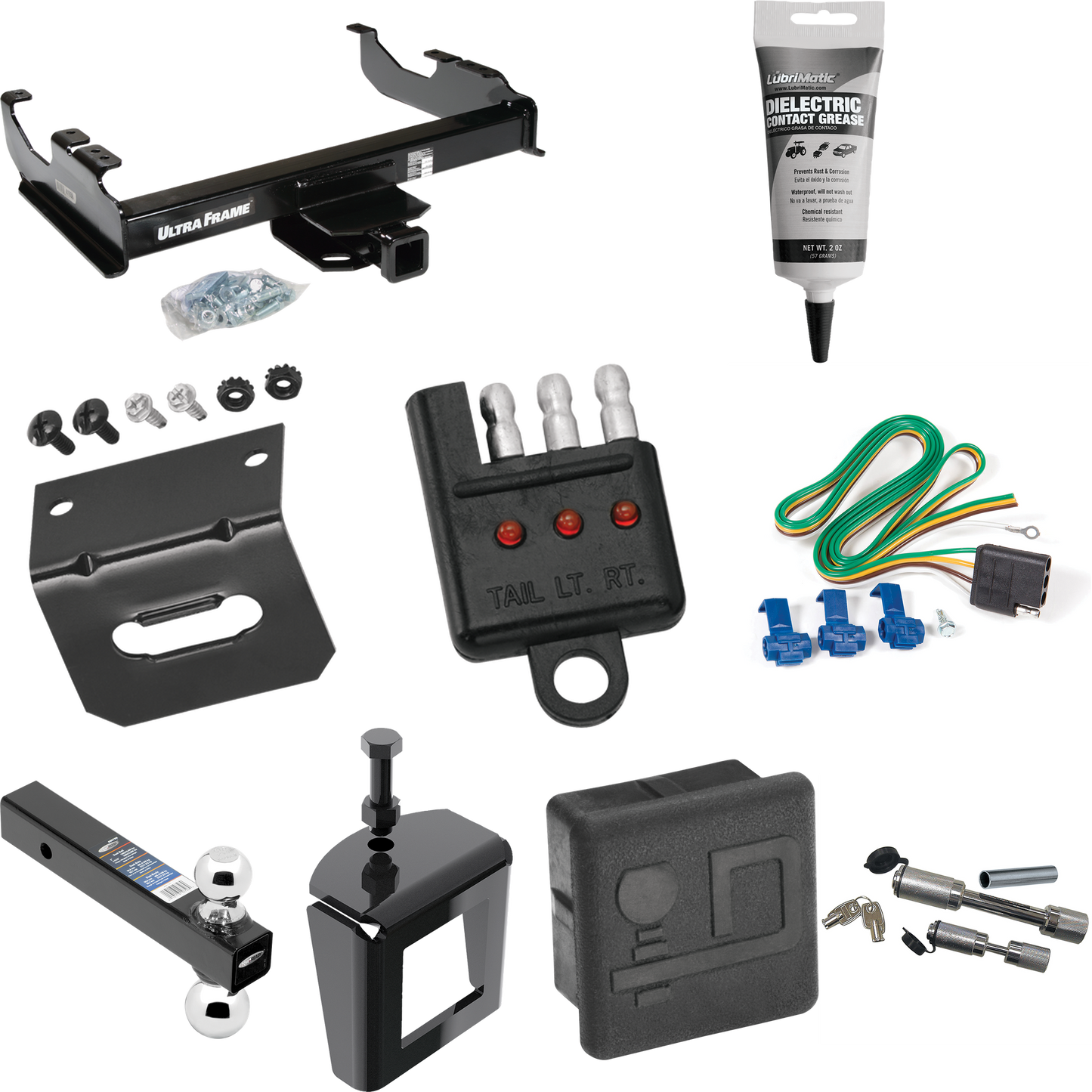 Fits 1985-1986 GMC K1500 Trailer Hitch Tow PKG w/ 4-Flat Wiring Harness + Dual Ball Ball Mount 2" & 2-5/16" Trailer Balls + Dual Hitch & Coupler Locks + Hitch Cover + Wiring Bracket + Wiring Tester + Electric Grease + Anti Rattle Device (For w/34" Wi