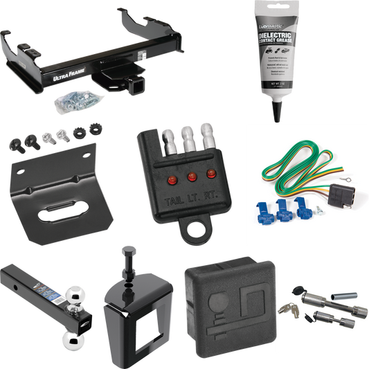 Fits 1985-1986 GMC K1500 Trailer Hitch Tow PKG w/ 4-Flat Wiring Harness + Dual Ball Ball Mount 2" & 2-5/16" Trailer Balls + Dual Hitch & Coupler Locks + Hitch Cover + Wiring Bracket + Wiring Tester + Electric Grease + Anti Rattle Device (For w/34" Wi