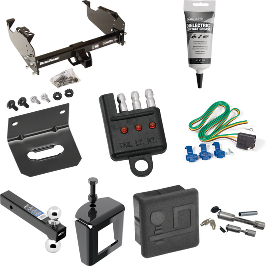 Fits 2003-2009 Chevrolet C4500 Kodiak Trailer Hitch Tow PKG w/ 4-Flat Wiring Harness + Dual Ball Ball Mount 2" & 2-5/16" Trailer Balls + Dual Hitch & Coupler Locks + Hitch Cover + Wiring Bracket + Wiring Tester + Electric Grease + Anti Rattle Device