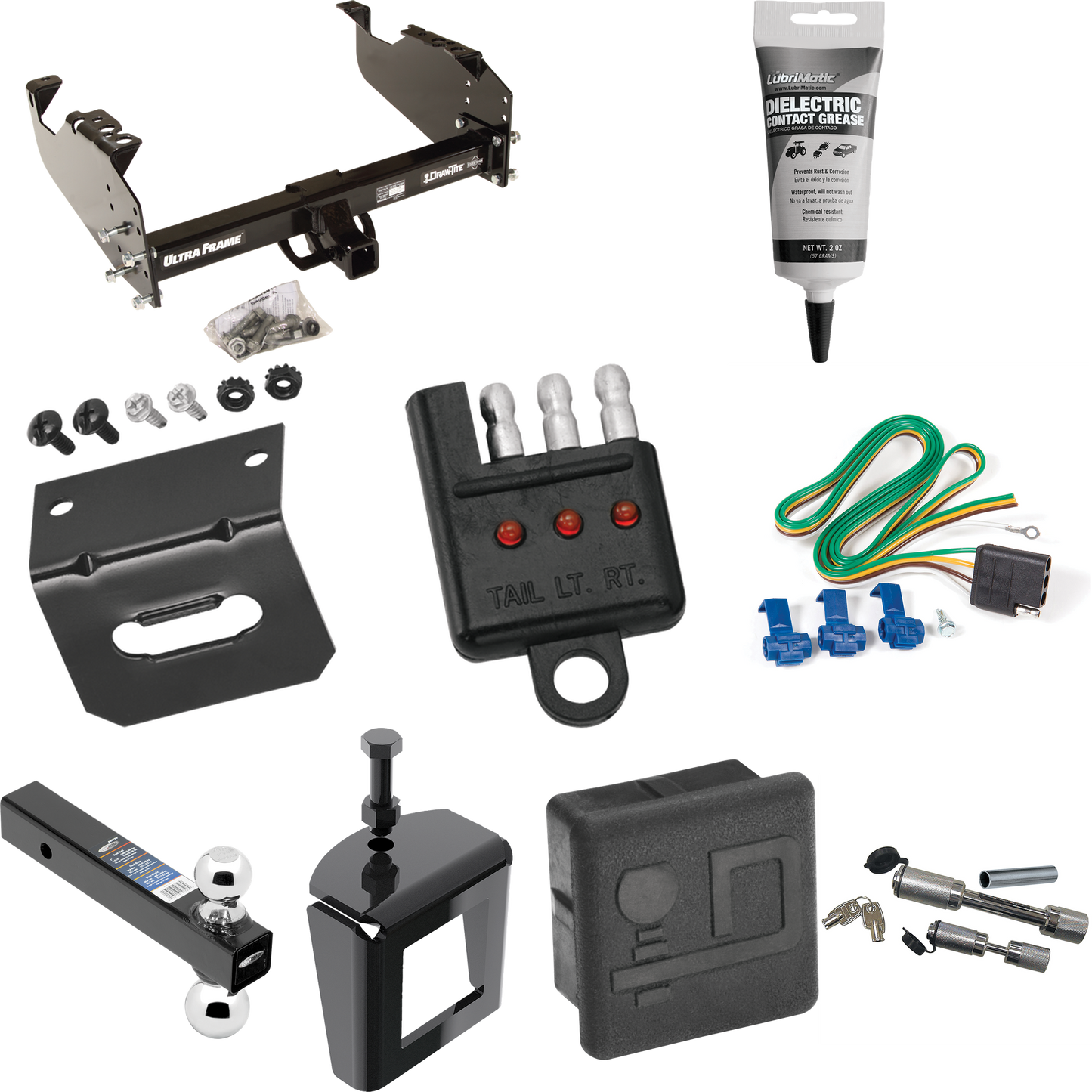 Fits 1985-1986 Chevrolet K30 Trailer Hitch Tow PKG w/ 4-Flat Wiring Harness + Dual Ball Ball Mount 2" & 2-5/16" Trailer Balls + Dual Hitch & Coupler Locks + Hitch Cover + Wiring Bracket + Wiring Tester + Electric Grease + Anti Rattle Device (For w/34