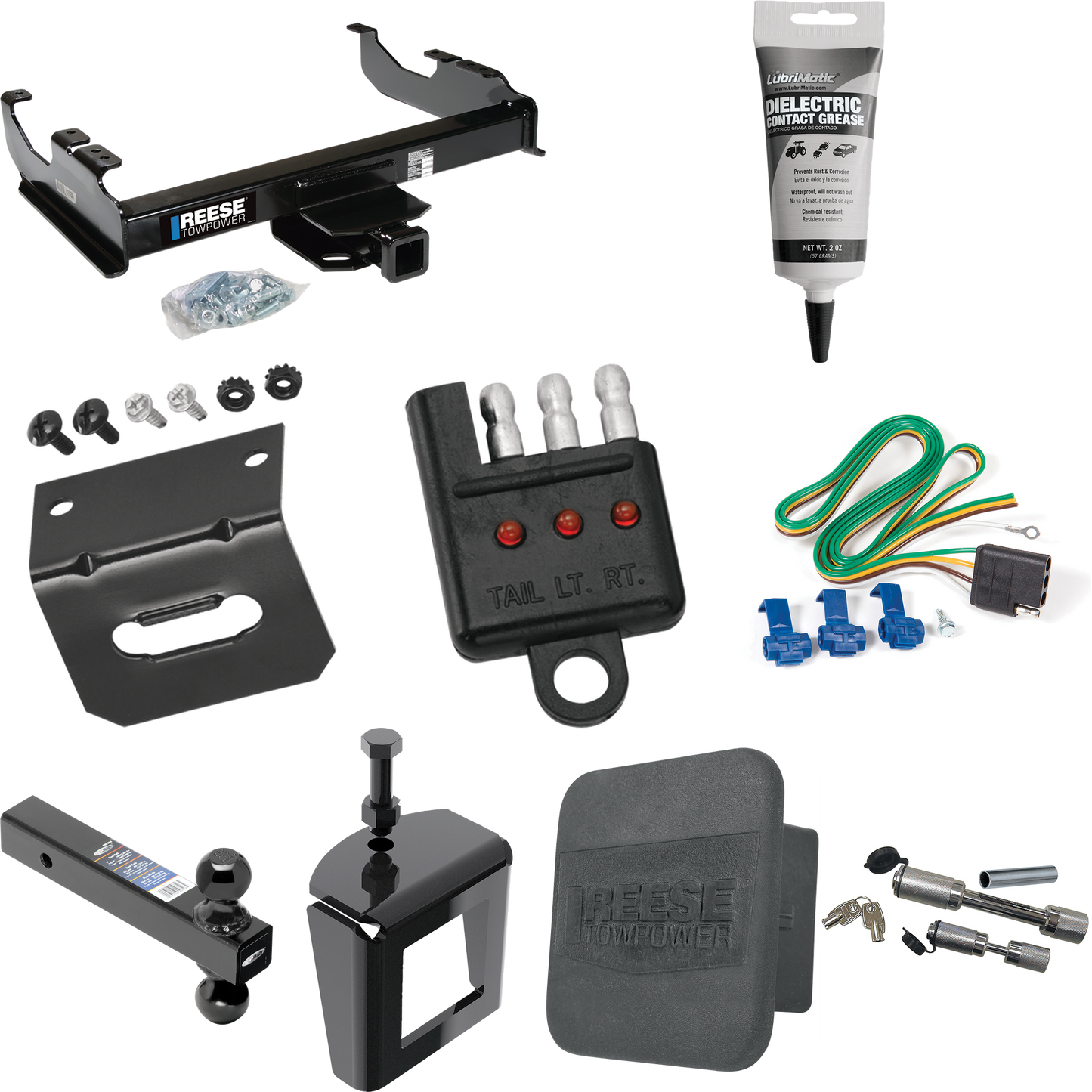 Fits 1985-1986 GMC K1500 Trailer Hitch Tow PKG w/ 4-Flat Wiring Harness + Dual Ball Ball Mount 2" & 2-5/16" Trailer Balls + Dual Hitch & Coupler Locks + Hitch Cover + Wiring Bracket + Wiring Tester + Electric Grease + Anti Rattle Device (For w/34" Wi