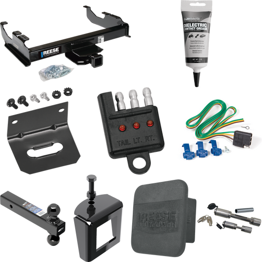 Fits 1985-1986 GMC K1500 Trailer Hitch Tow PKG w/ 4-Flat Wiring Harness + Dual Ball Ball Mount 2" & 2-5/16" Trailer Balls + Dual Hitch & Coupler Locks + Hitch Cover + Wiring Bracket + Wiring Tester + Electric Grease + Anti Rattle Device (For w/34" Wi